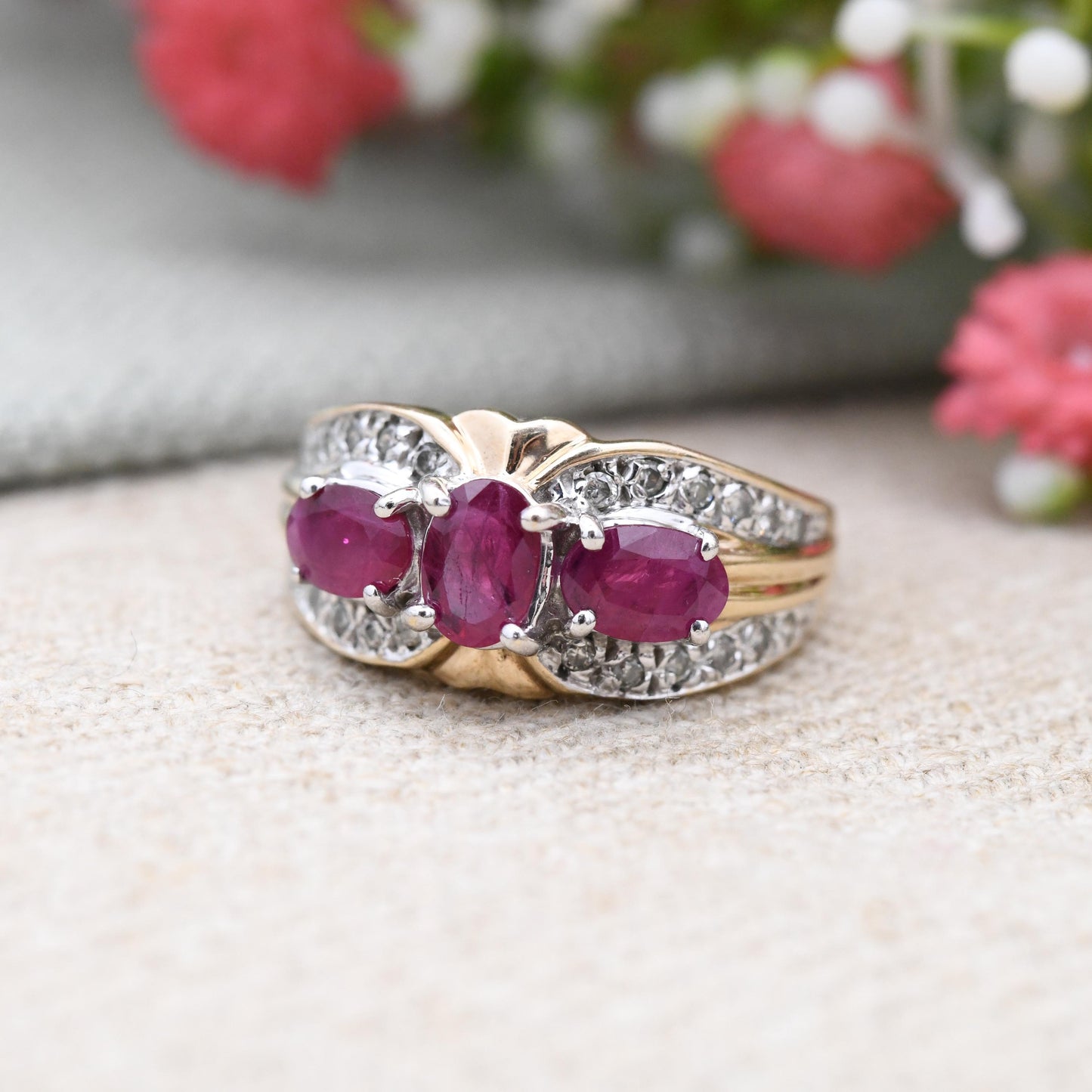 Vintage 9ct Gold Ruby and Diamond Statement Ring - Three Stone Ruby Cocktail | .20 Carats 20 Points Diamonds | UK Size - N 1/2 | US Size - 7