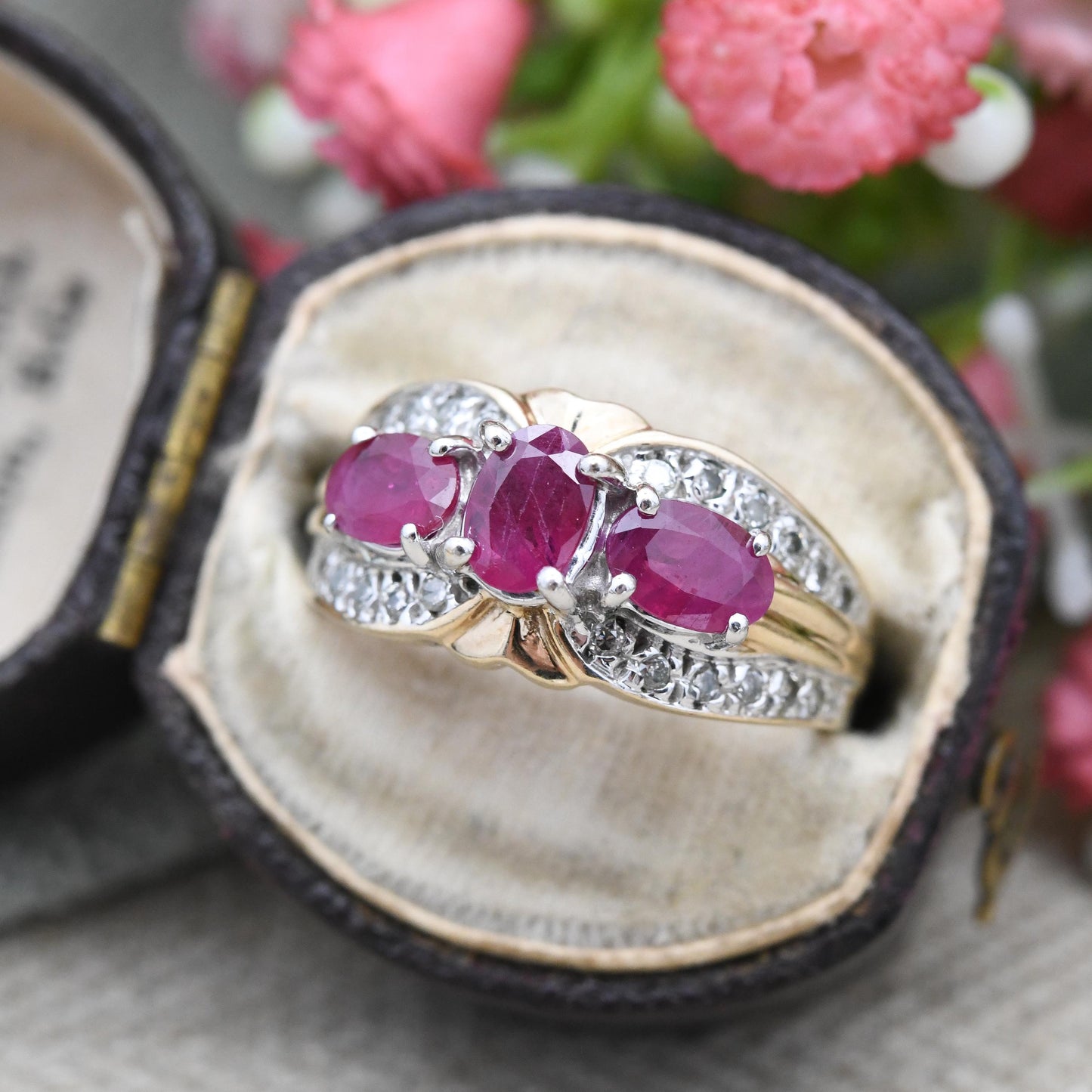 Vintage 9ct Gold Ruby and Diamond Statement Ring - Three Stone Ruby Cocktail | .20 Carats 20 Points Diamonds | UK Size - N 1/2 | US Size - 7