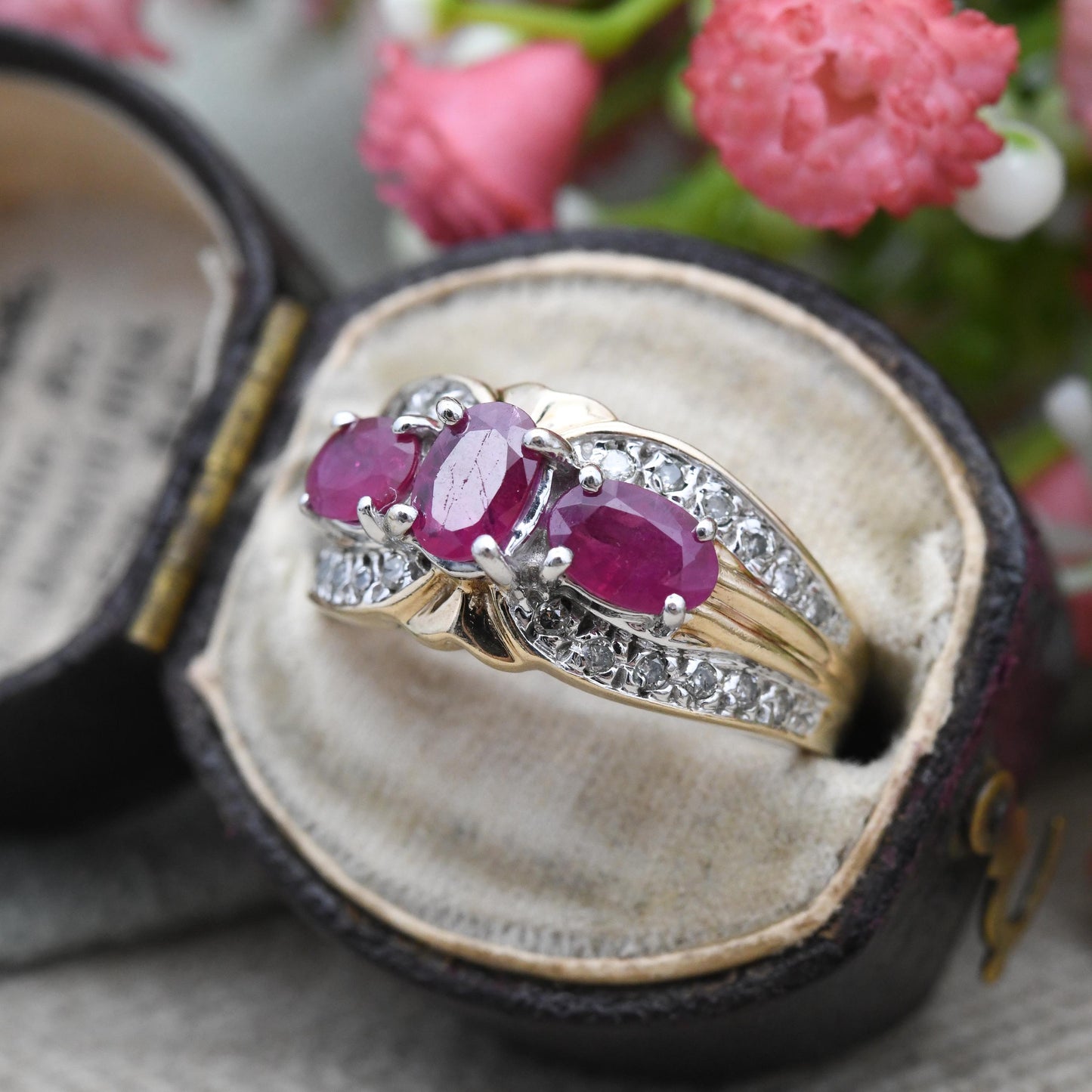 Vintage 9ct Gold Ruby and Diamond Statement Ring - Three Stone Ruby Cocktail | .20 Carats 20 Points Diamonds | UK Size - N 1/2 | US Size - 7