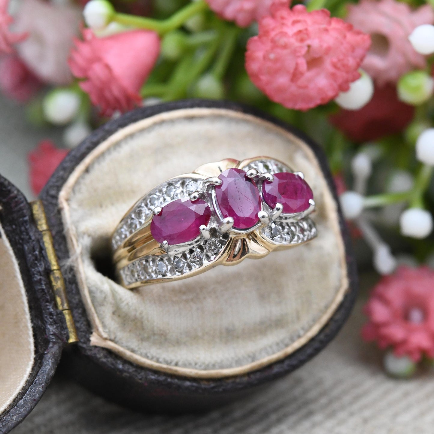 Vintage 9ct Gold Ruby and Diamond Statement Ring - Three Stone Ruby Cocktail | .20 Carats 20 Points Diamonds | UK Size - N 1/2 | US Size - 7