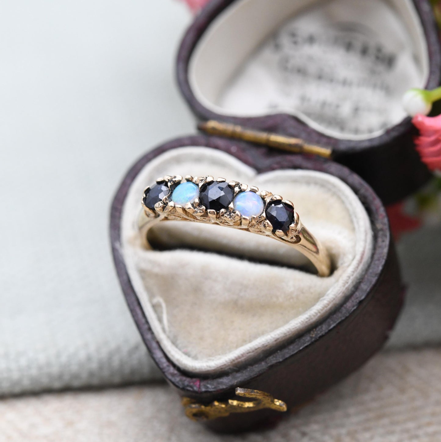 Vintage 9ct Gold Sapphire and Opal Five Stone Ring 1975 - 5 Stone Stacking Half Eternity | Blue Gemstone Gift | UK Size - P US Size - 7 1/2