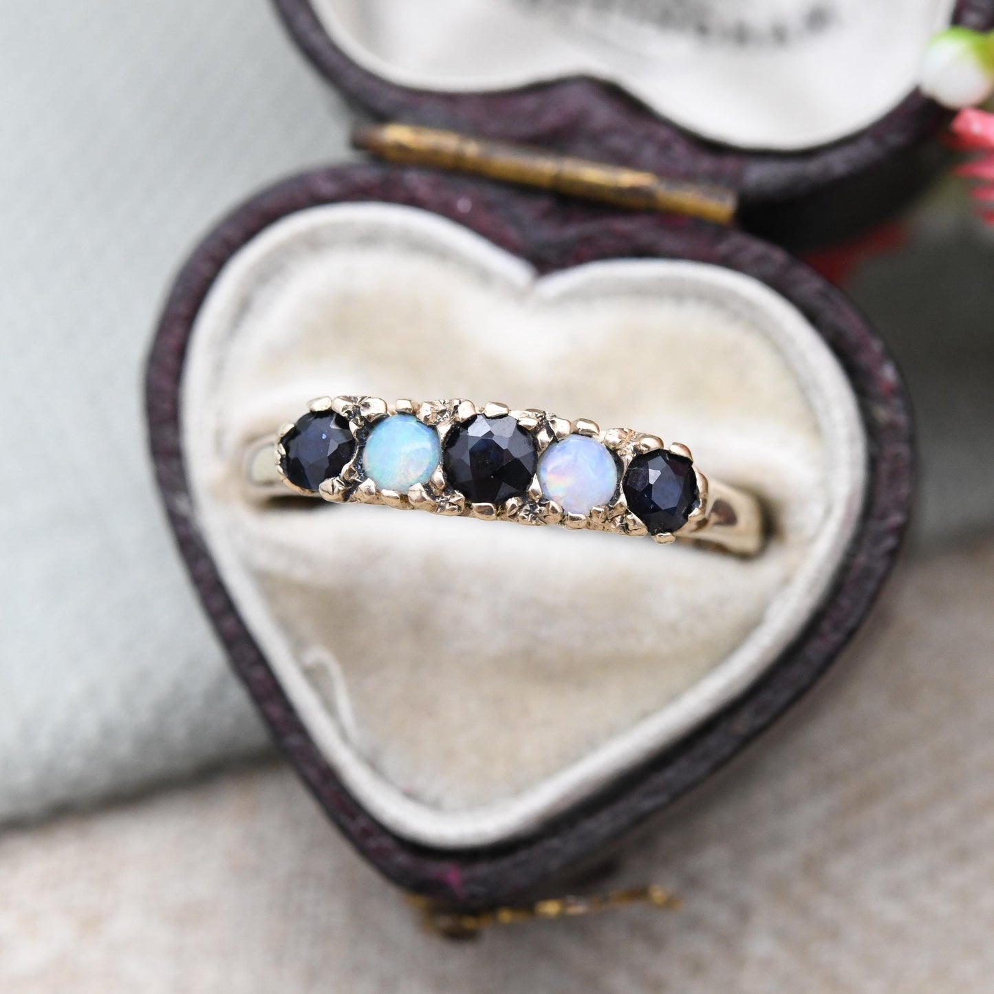 Vintage 9ct Gold Sapphire and Opal Five Stone Ring 1975 - 5 Stone Stacking Half Eternity | Blue Gemstone Gift | UK Size - P US Size - 7 1/2