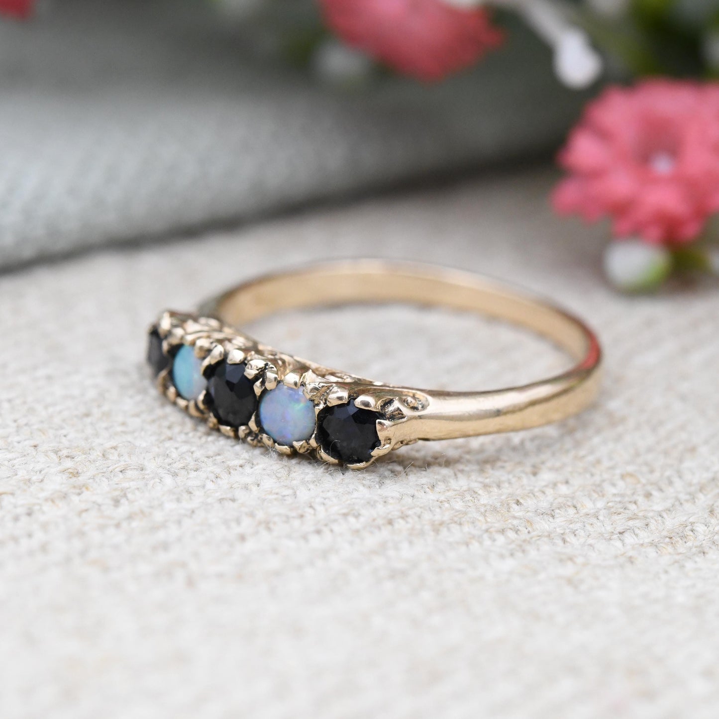 Vintage 9ct Gold Sapphire and Opal Five Stone Ring 1975 - 5 Stone Stacking Half Eternity | Blue Gemstone Gift | UK Size - P US Size - 7 1/2