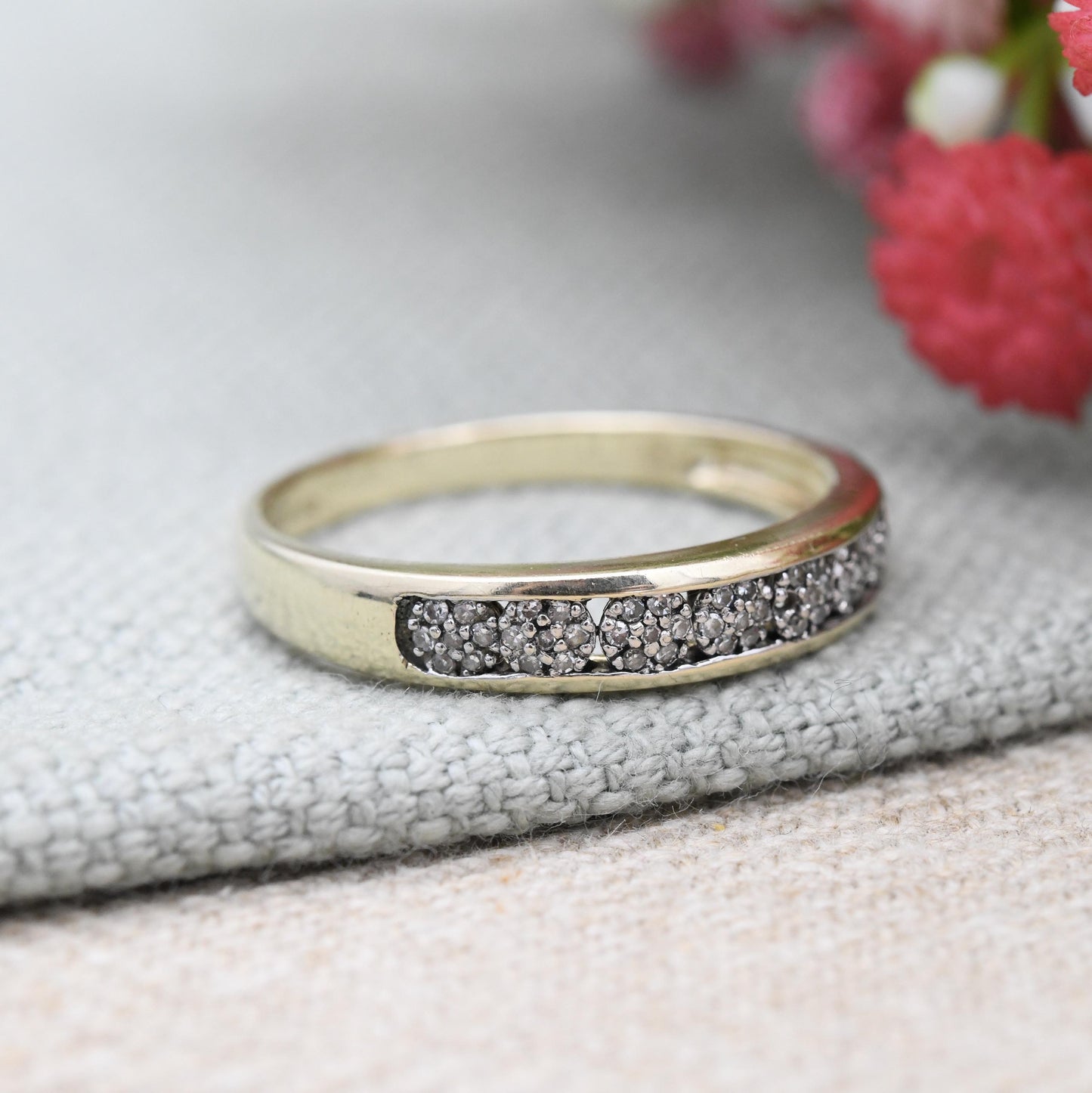 9ct Gold Diamond Ring 2002 - Flush Cluster Half Eternity Engagement Wedding Band Stacking Ring | UK Size - V | US Size - 10 1/2