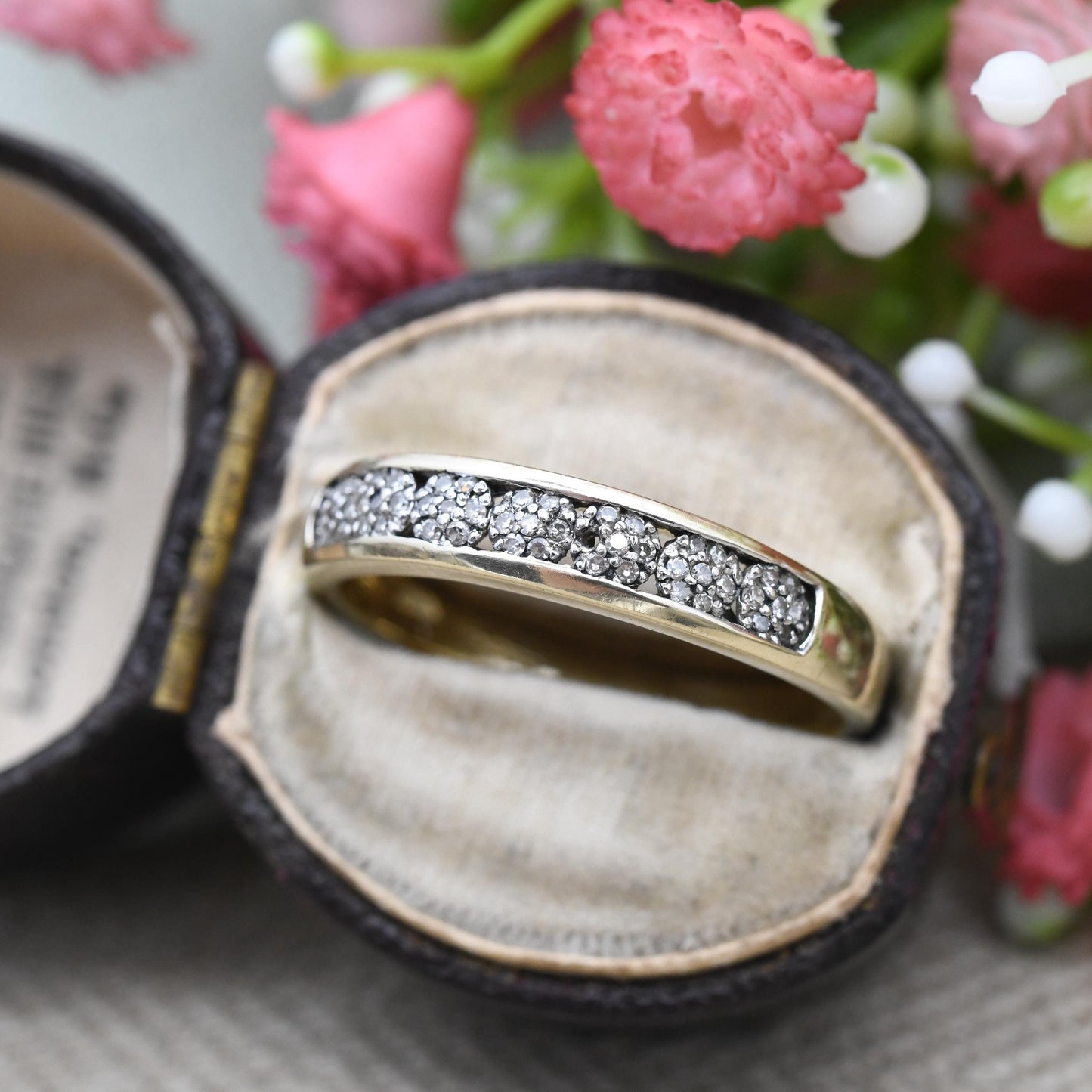 9ct Gold Diamond Ring 2002 - Flush Cluster Half Eternity Engagement Wedding Band Stacking Ring | UK Size - V | US Size - 10 1/2