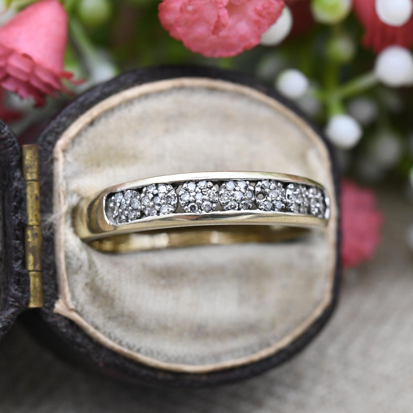 9ct Gold Diamond Ring 2002 - Flush Cluster Half Eternity Engagement Wedding Band Stacking Ring | UK Size - V | US Size - 10 1/2