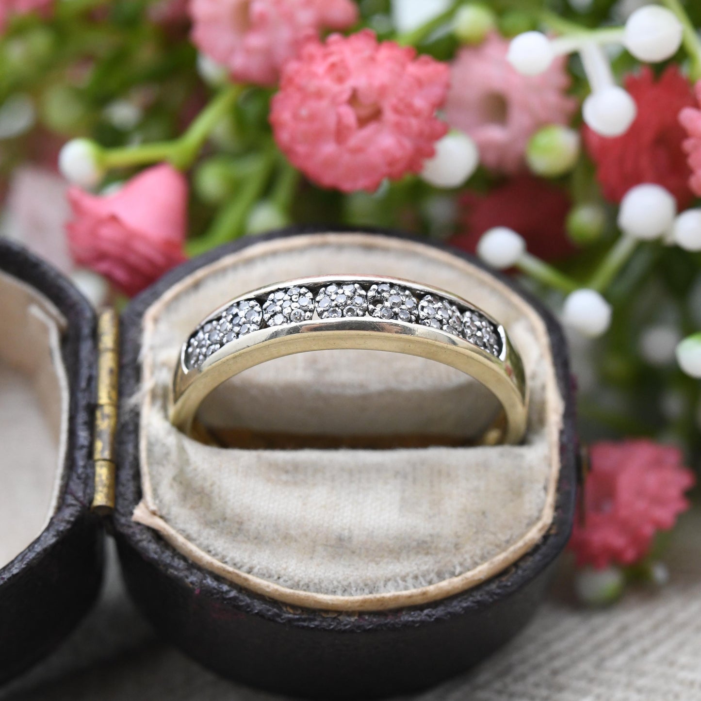 9ct Gold Diamond Ring 2002 - Flush Cluster Half Eternity Engagement Wedding Band Stacking Ring | UK Size - V | US Size - 10 1/2