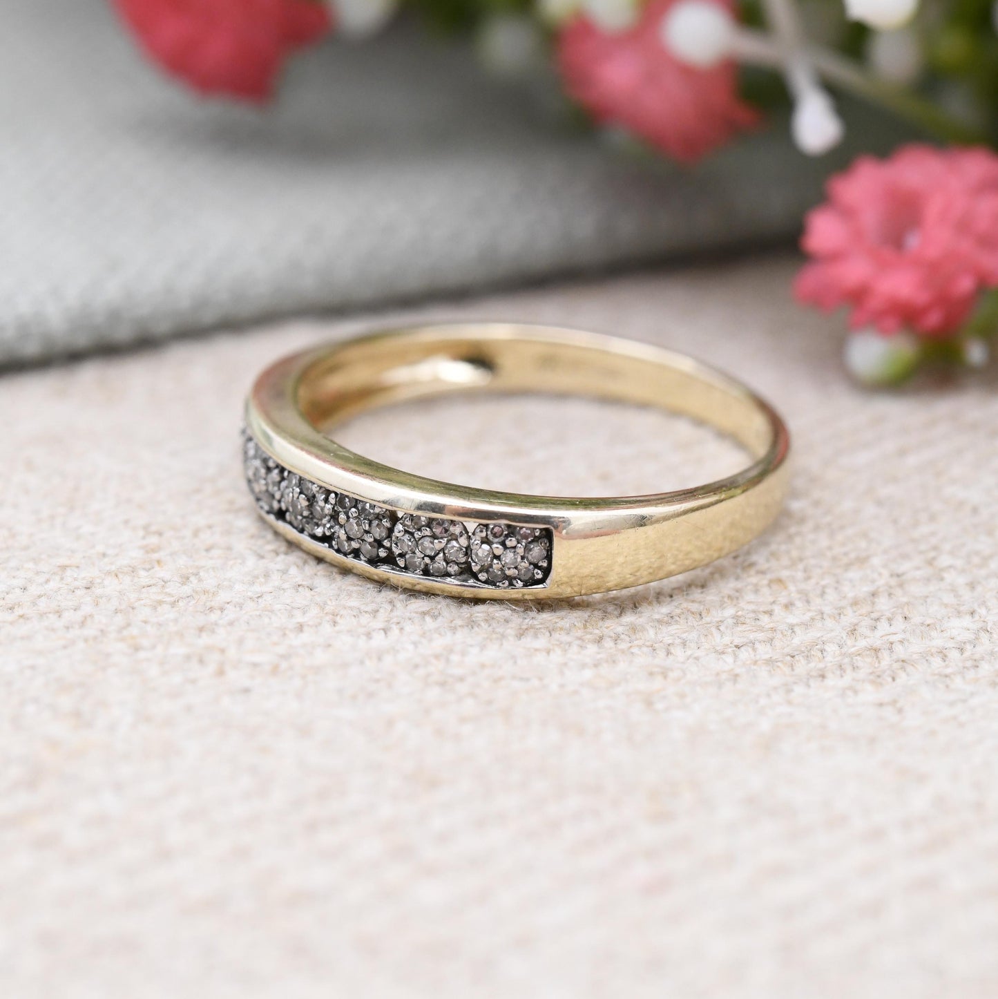 9ct Gold Diamond Ring 2002 - Flush Cluster Half Eternity Engagement Wedding Band Stacking Ring | UK Size - V | US Size - 10 1/2