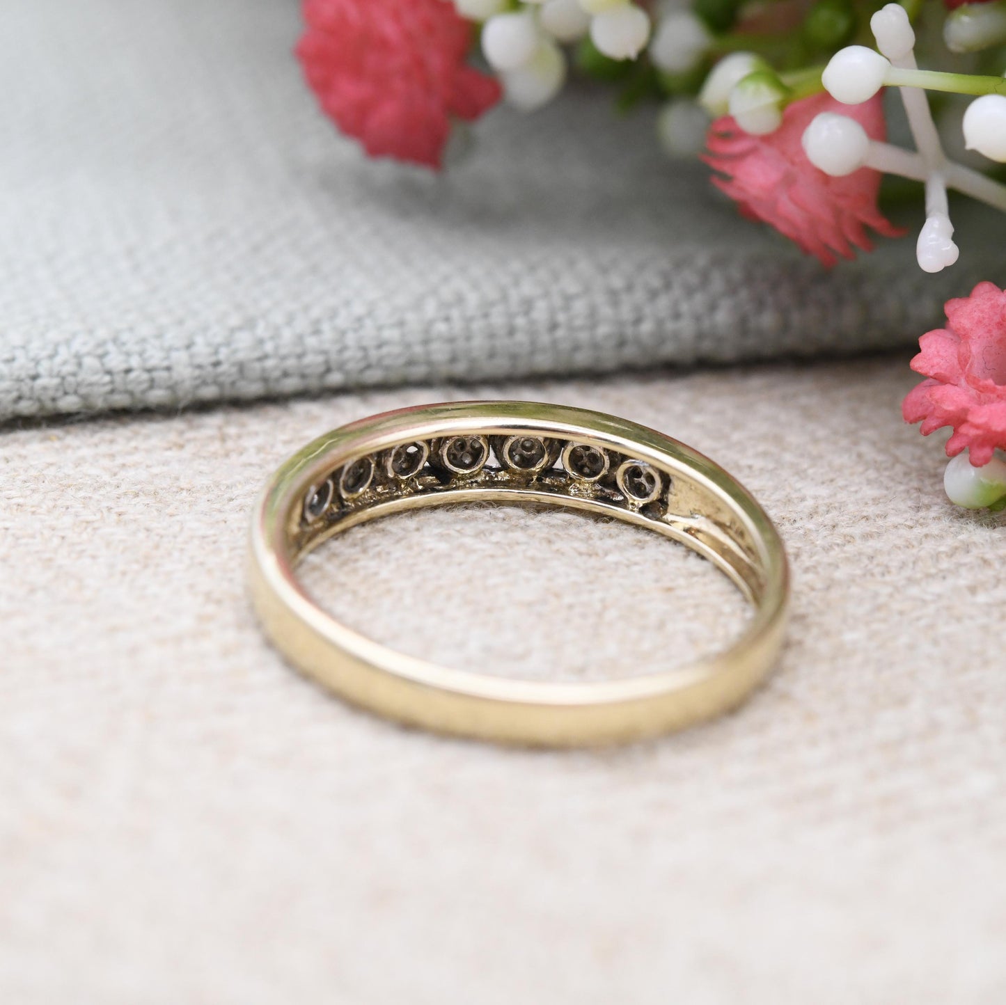 9ct Gold Diamond Ring 2002 - Flush Cluster Half Eternity Engagement Wedding Band Stacking Ring | UK Size - V | US Size - 10 1/2