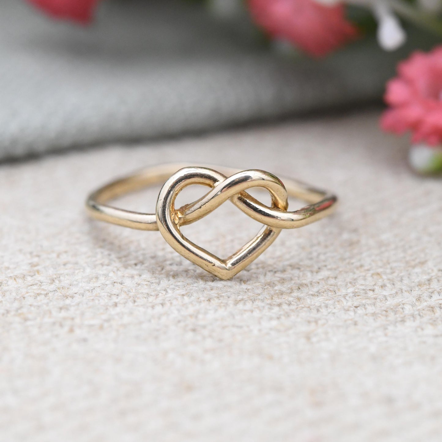 Vintage 9ct Gold Heart Knot Ring 1976 by Fred Manshaw - Open Love Heart Design Mid-Century | Sentimental Gift | UK Size - P 1/2 US Size - 8