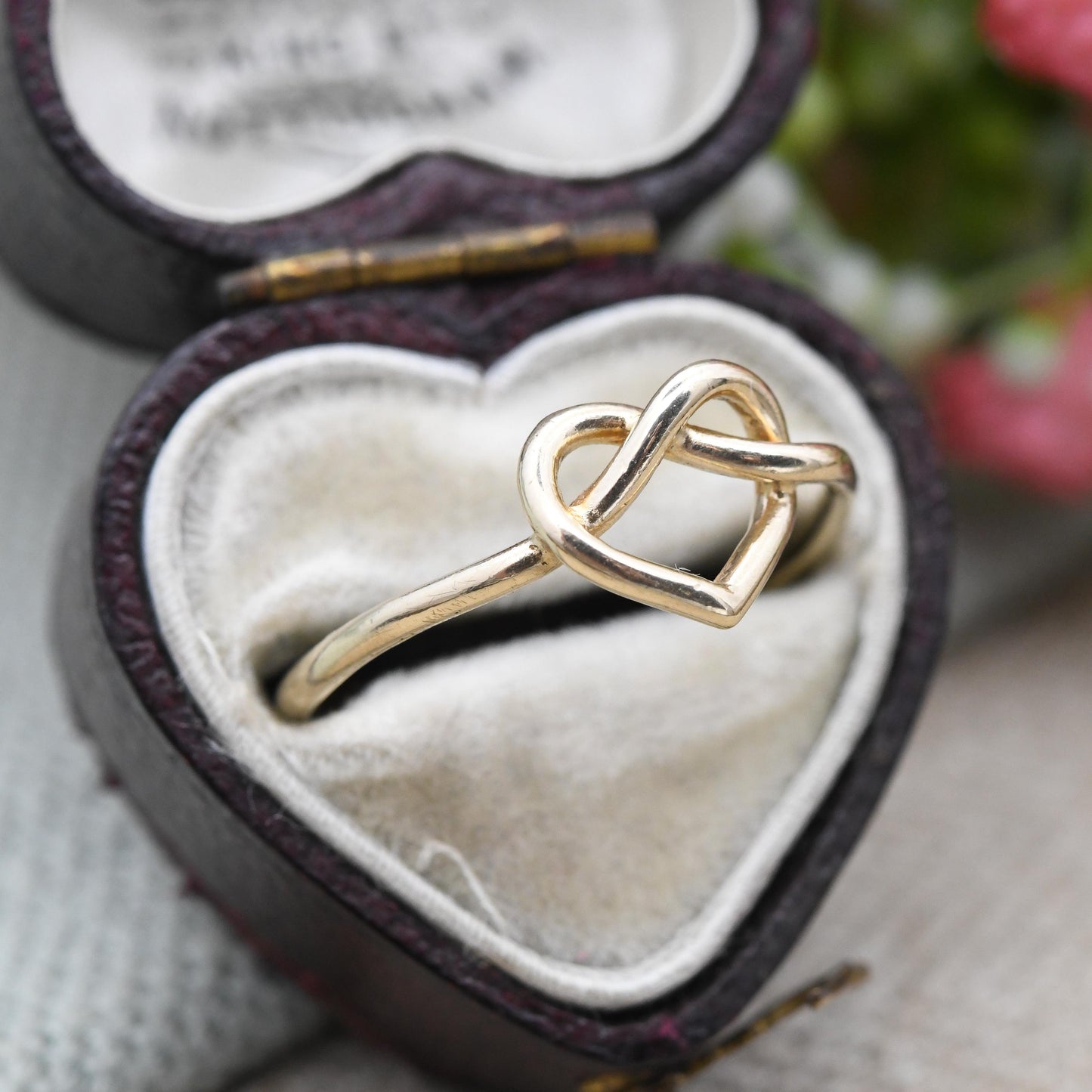 Vintage 9ct Gold Heart Knot Ring 1976 by Fred Manshaw - Open Love Heart Design Mid-Century | Sentimental Gift | UK Size - P 1/2 US Size - 8