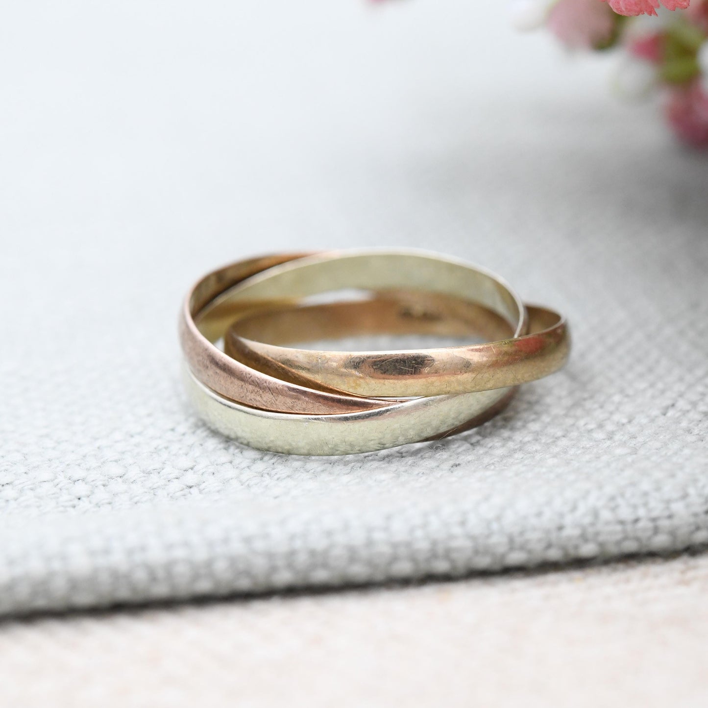 Vintage 9ct Gold Russian Wedding Band Ring 1991 - Minimal Trilogy Tricolour Yellow Rose White Gold Three Band | Size UK - U 1/2 US - 10 1/4