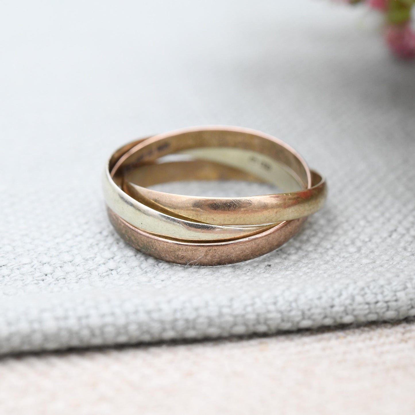 Vintage 9ct Gold Russian Wedding Band Ring 1991 - Minimal Trilogy Tricolour Yellow Rose White Gold Three Band | Size UK - U 1/2 US - 10 1/4