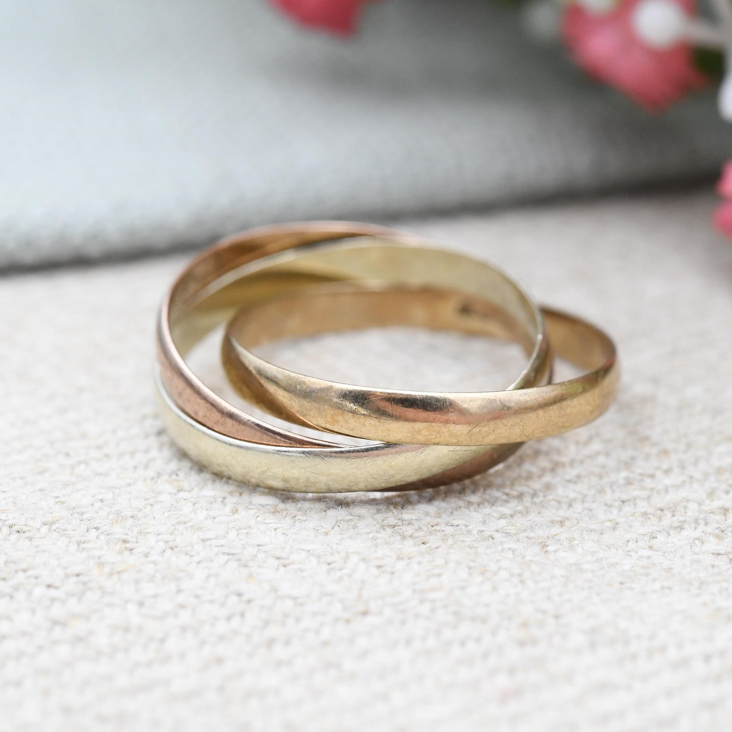 Vintage 9ct Gold Russian Wedding Band Ring 1991 - Minimal Trilogy Tricolour Yellow Rose White Gold Three Band | Size UK - U 1/2 US - 10 1/4