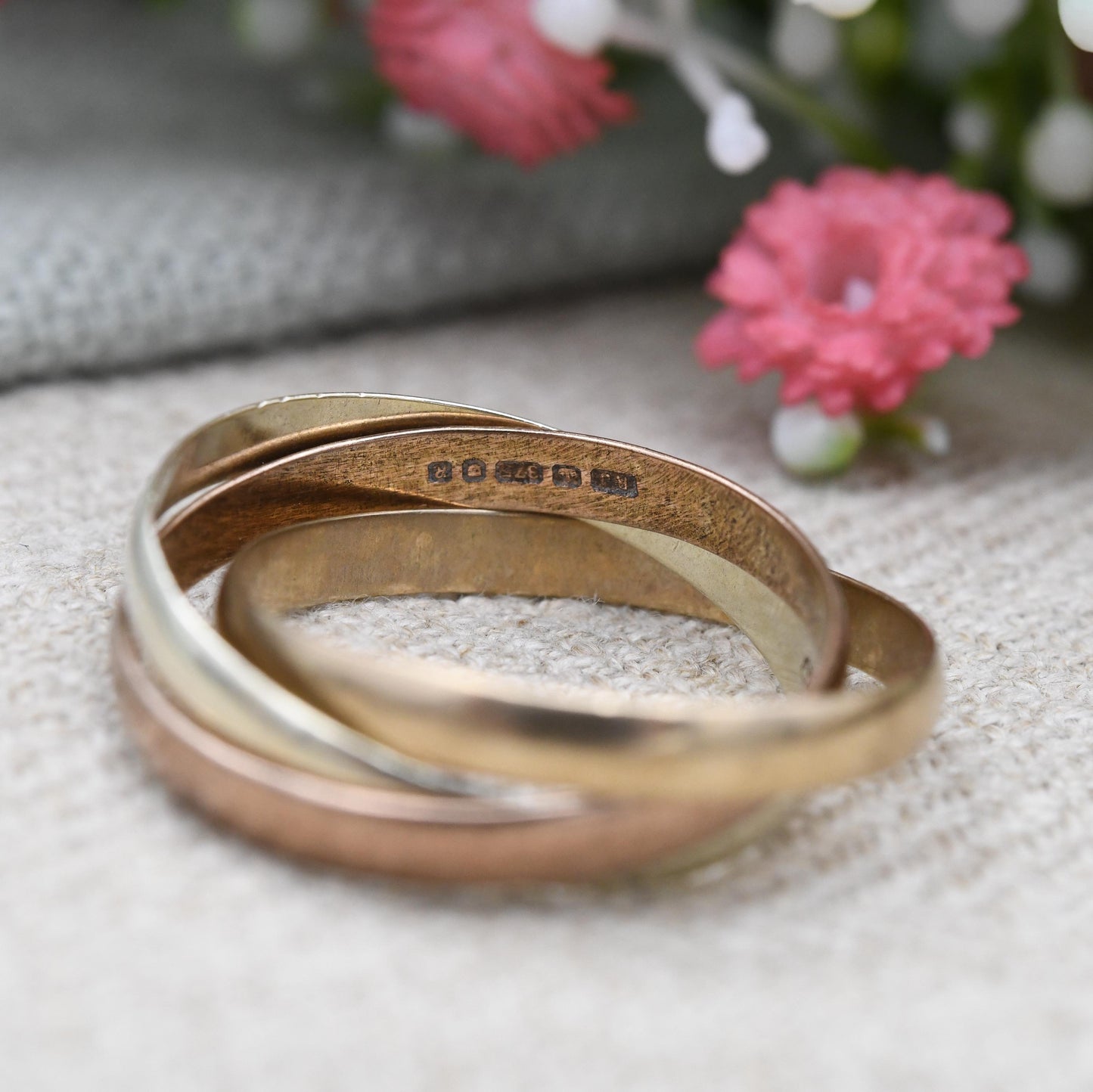 Vintage 9ct Gold Russian Wedding Band Ring 1991 - Minimal Trilogy Tricolour Yellow Rose White Gold Three Band | Size UK - U 1/2 US - 10 1/4
