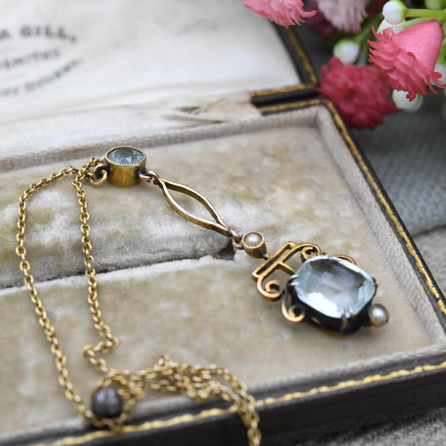 Antique 9ct Gold Aquamarine and Pearl Necklace - Integral Pendant Edwardian Split Pearls Pretty Blue Stone Drop Delicate Gold Jewellery Gift