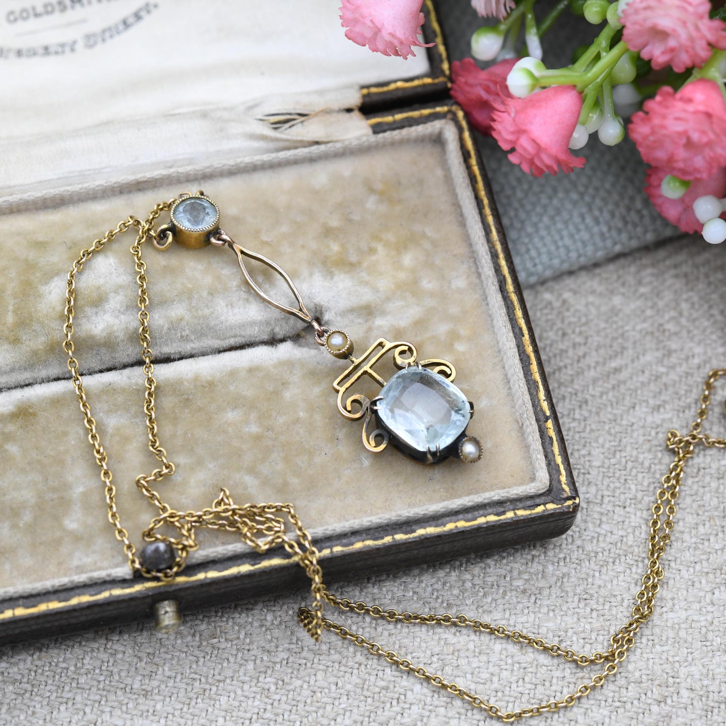 Antique 9ct Gold Aquamarine and Pearl Necklace - Integral Pendant Edwardian Split Pearls Pretty Blue Stone Drop Delicate Gold Jewellery Gift