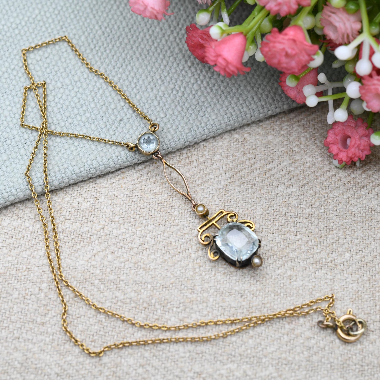Antique 9ct Gold Aquamarine and Pearl Necklace - Integral Pendant Edwardian Split Pearls Pretty Blue Stone Drop Delicate Gold Jewellery Gift