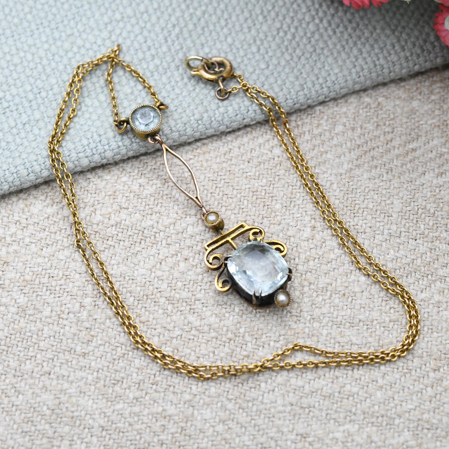 Antique 9ct Gold Aquamarine and Pearl Necklace - Integral Pendant Edwardian Split Pearls Pretty Blue Stone Drop Delicate Gold Jewellery Gift