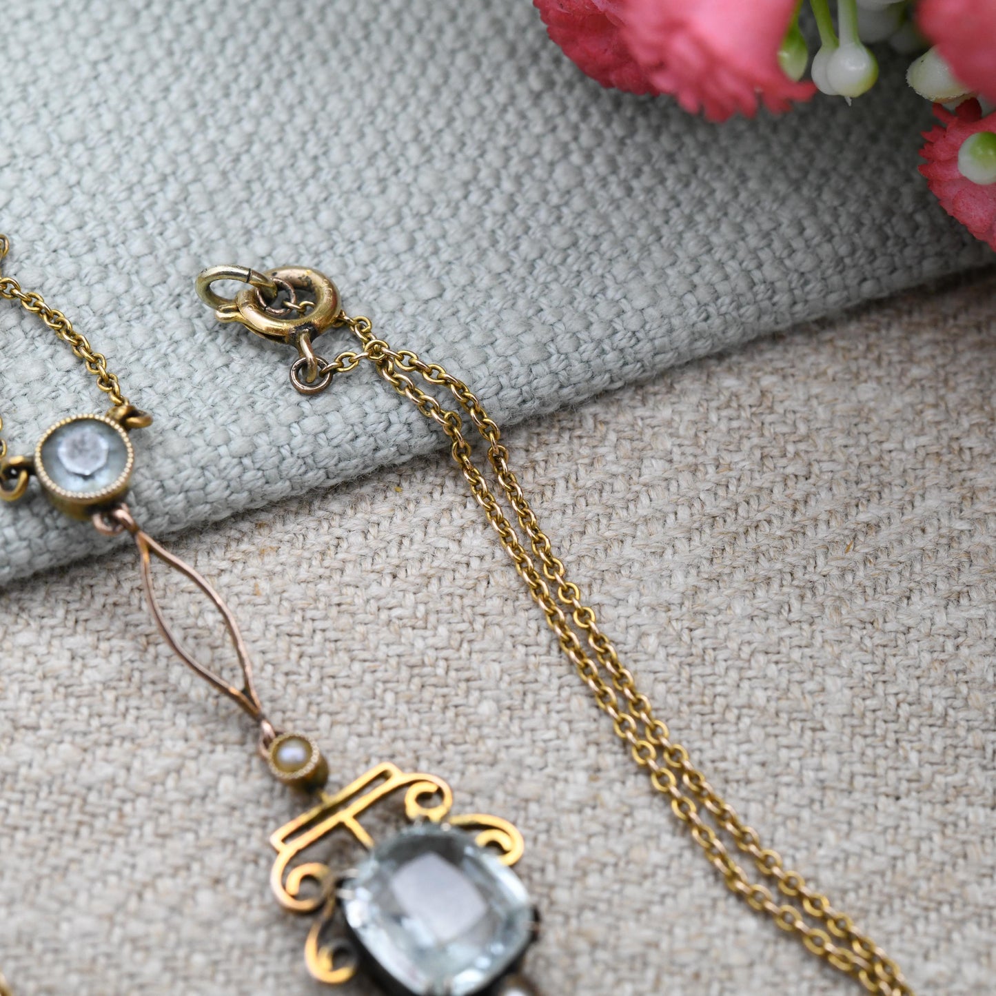 Antique 9ct Gold Aquamarine and Pearl Necklace - Integral Pendant Edwardian Split Pearls Pretty Blue Stone Drop Delicate Gold Jewellery Gift