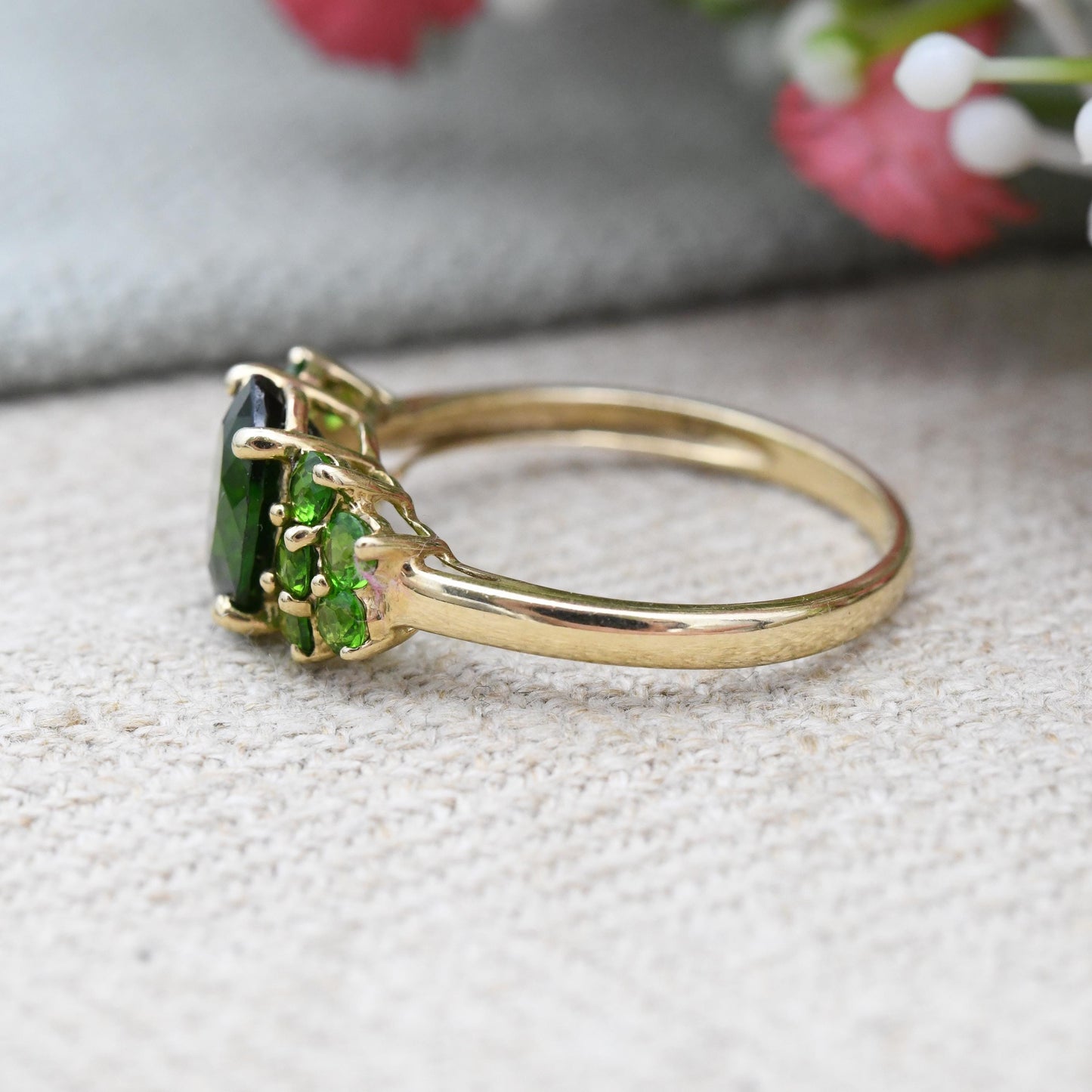 9ct Gold Chrome Diopside Statement Ring 2005 - Occasional Dress Ring | Big Green Gemstone Jewellery Gift | UK Size - Q 1/2 | US Size - 8 1/4