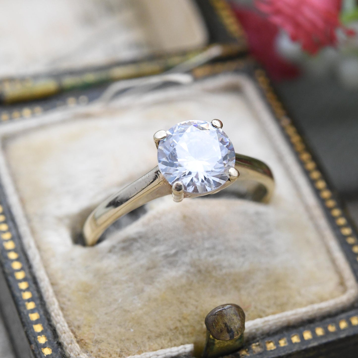 Vintage 9ct Gold CZ Solitaire Ring - Large Sparkly Clear Stone Placeholder Engagement Ring | Cubic Zirconia | UK Size - K | US Size - 5 1/4