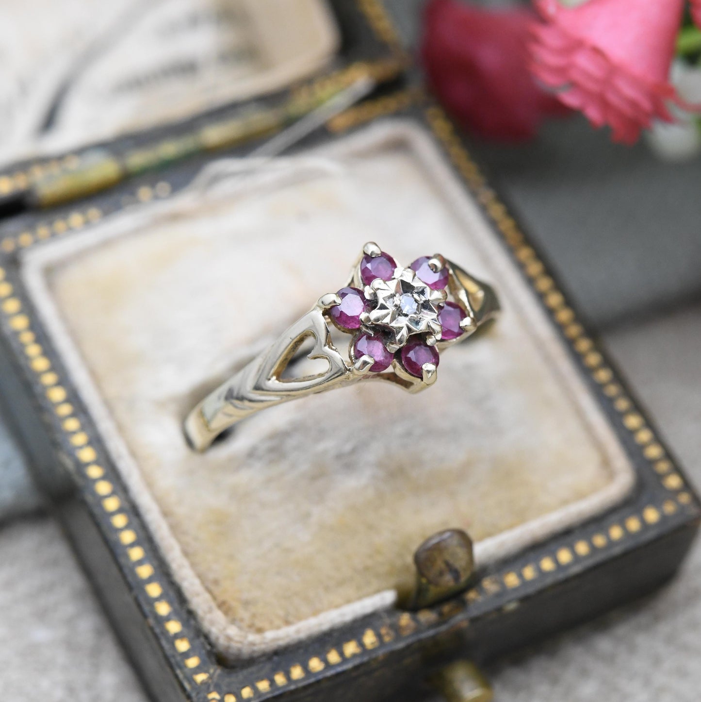 Vintage 9ct Gold Ruby Diamond Floral Cluster Ring 1989 - Mid-Century Cut Out Heart Shoulders Flower Shape | UK Size - P | US Size - 7 3/4