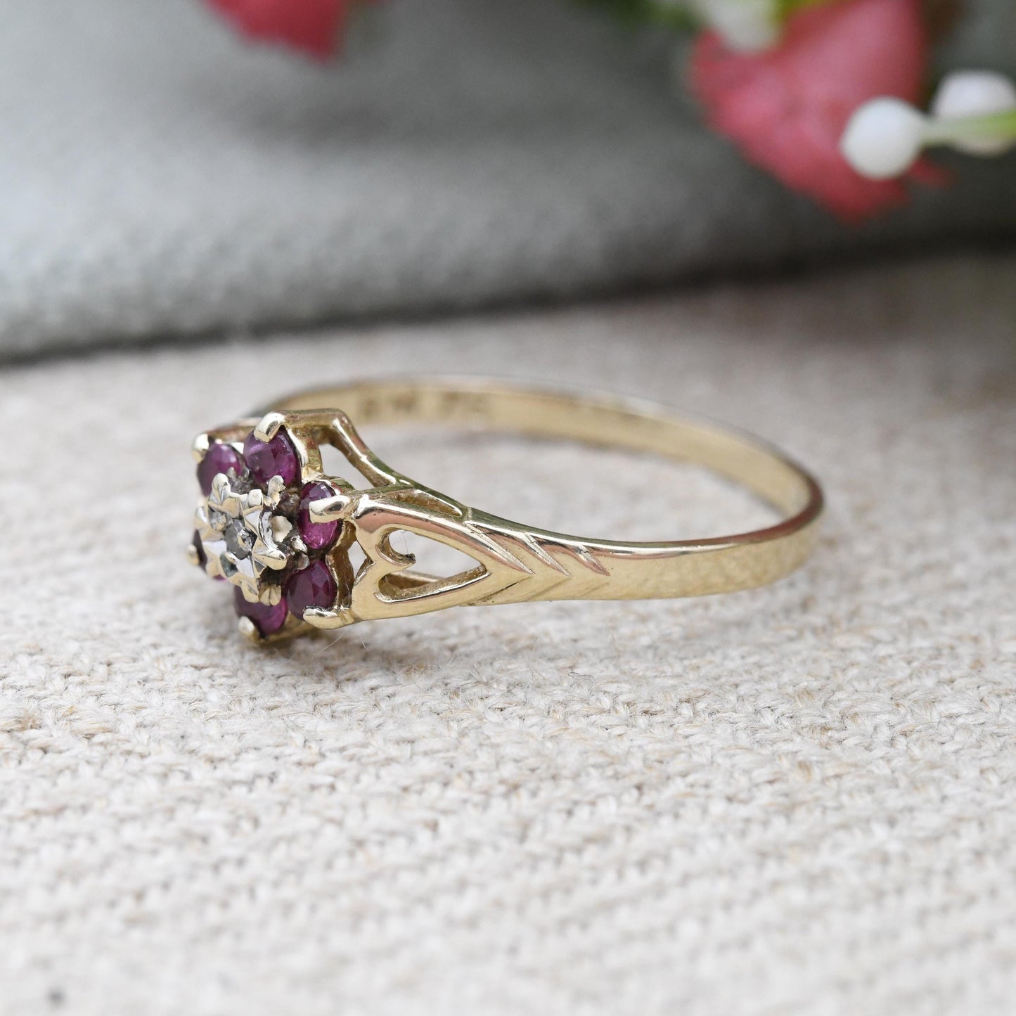 Vintage 9ct Gold Ruby Diamond Floral Cluster Ring 1989 - Mid-Century Cut Out Heart Shoulders Flower Shape | UK Size - P | US Size - 7 3/4