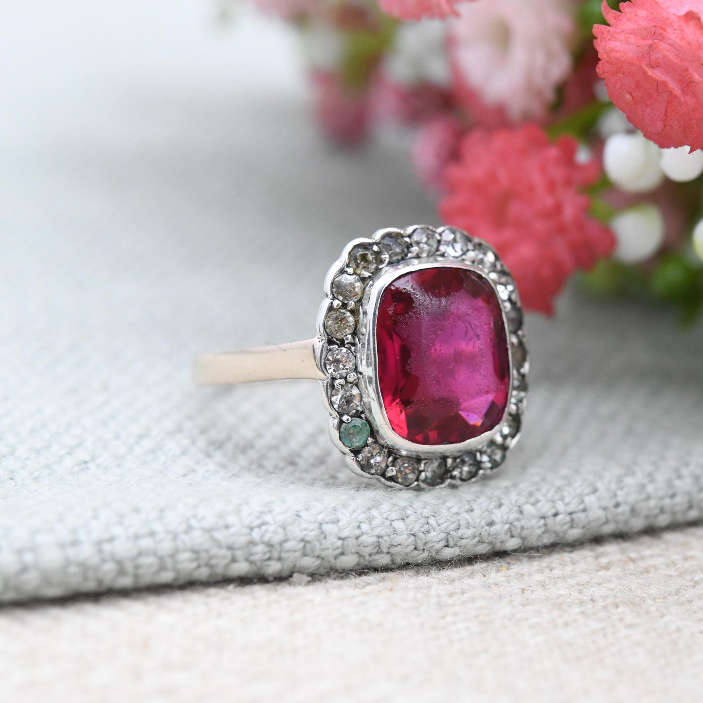 Vintage Art Deco 9ct Gold & Sterling Silver Paste Ring - Cocktail Statement Ruby Red and Clear Paste Halo | UK Size - M | US Size - 6 1/4
