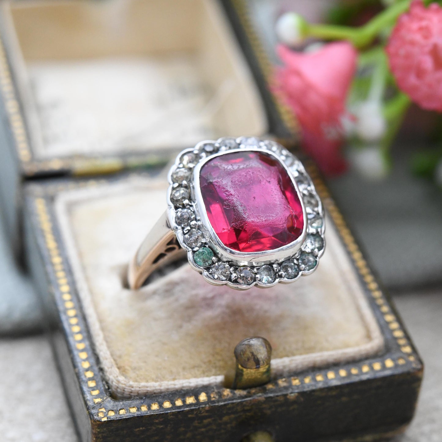 Vintage Art Deco 9ct Gold & Sterling Silver Paste Ring - Cocktail Statement Ruby Red and Clear Paste Halo | UK Size - M | US Size - 6 1/4