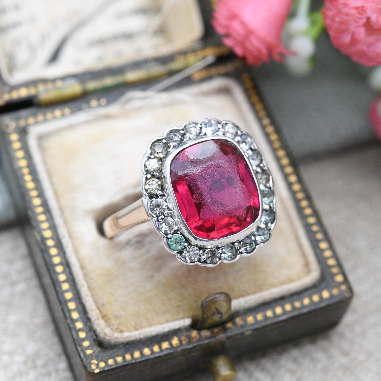 Vintage Art Deco 9ct Gold & Sterling Silver Paste Ring - Cocktail Statement Ruby Red and Clear Paste Halo | UK Size - M | US Size - 6 1/4