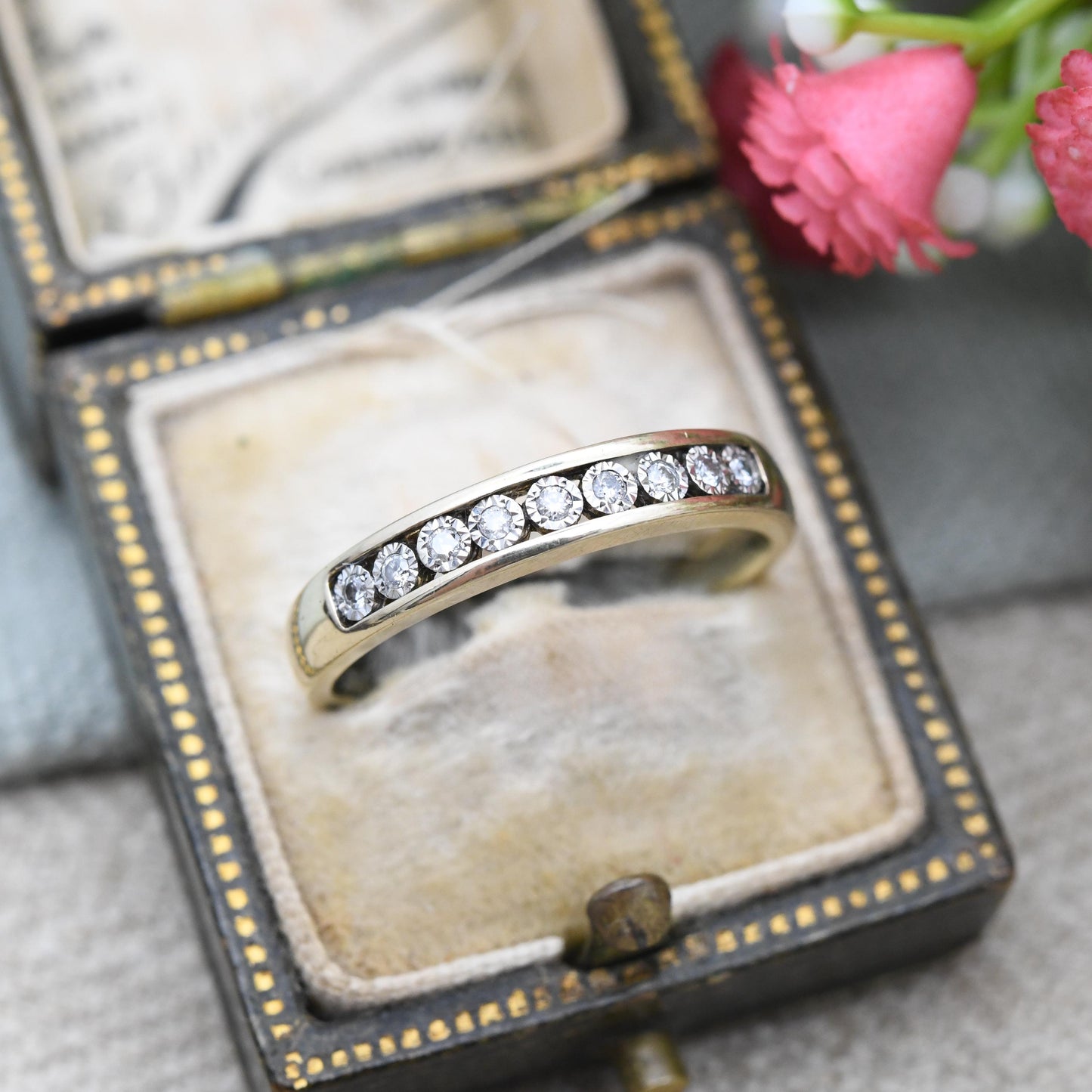 Vintage 9ct Gold Diamond Flush Half Eternity Ring - Channel Illusion Engagement Wedding Band Stacking Ring | UK Size - P | US Size - 7 1/2