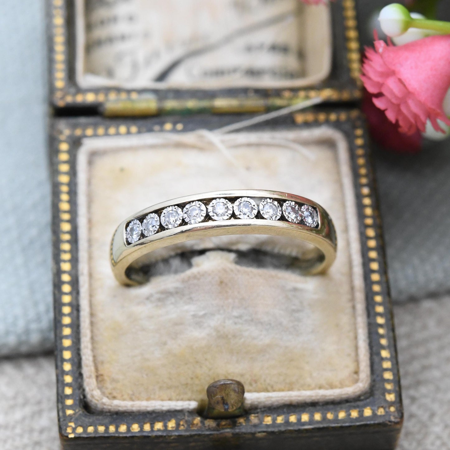 Vintage 9ct Gold Diamond Flush Half Eternity Ring - Channel Illusion Engagement Wedding Band Stacking Ring | UK Size - P | US Size - 7 1/2