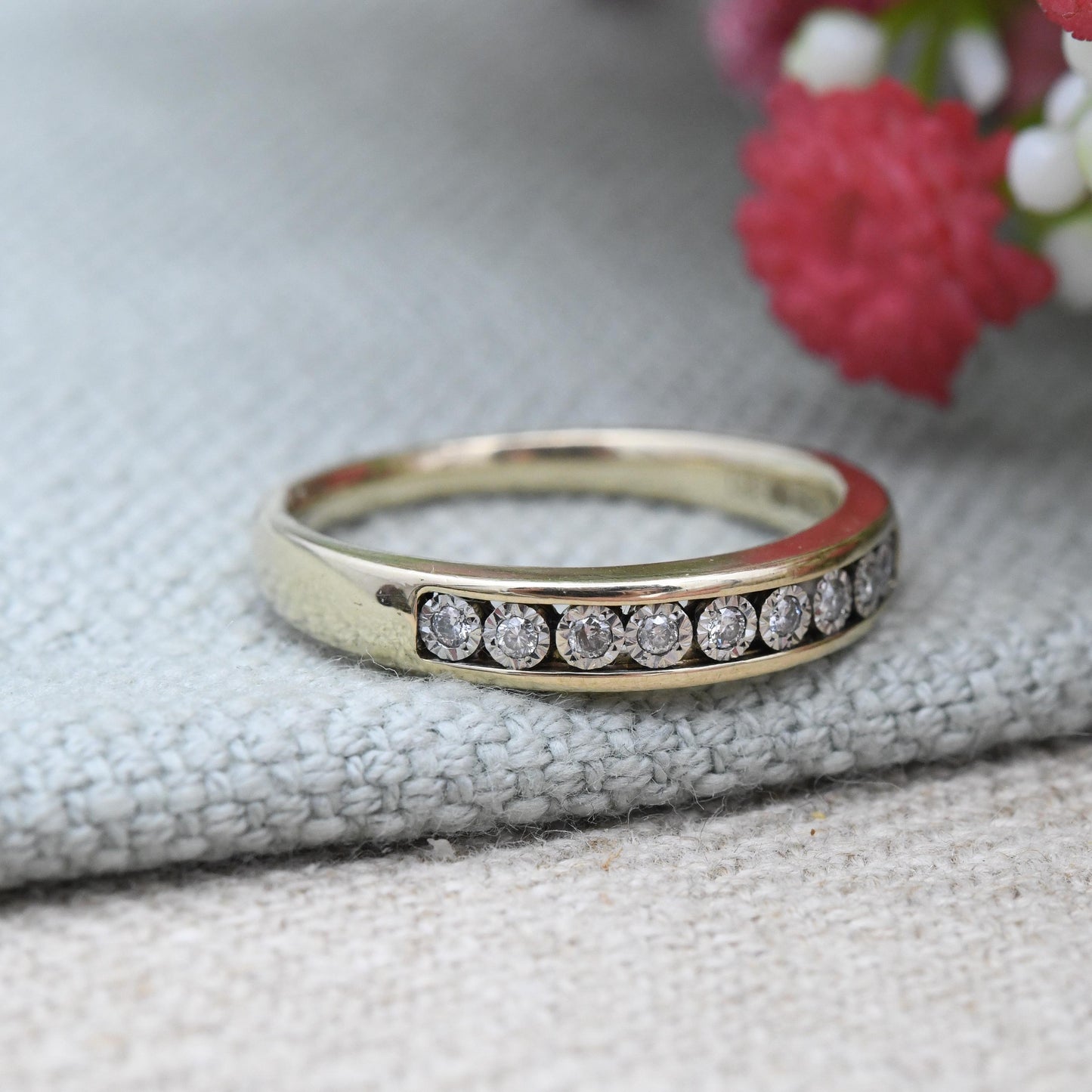 Vintage 9ct Gold Diamond Flush Half Eternity Ring - Channel Illusion Engagement Wedding Band Stacking Ring | UK Size - P | US Size - 7 1/2