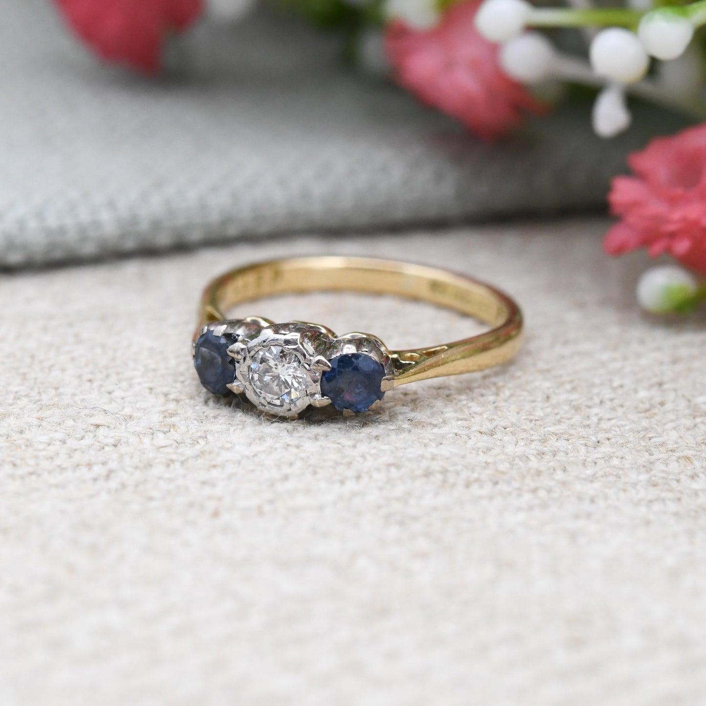 Vintage Diamond and Sapphire Three Stone Ring 18ct Gold and Platinum Trilogy - Blue Engagement Ring | UK Size - I | US Size - 4 1/4