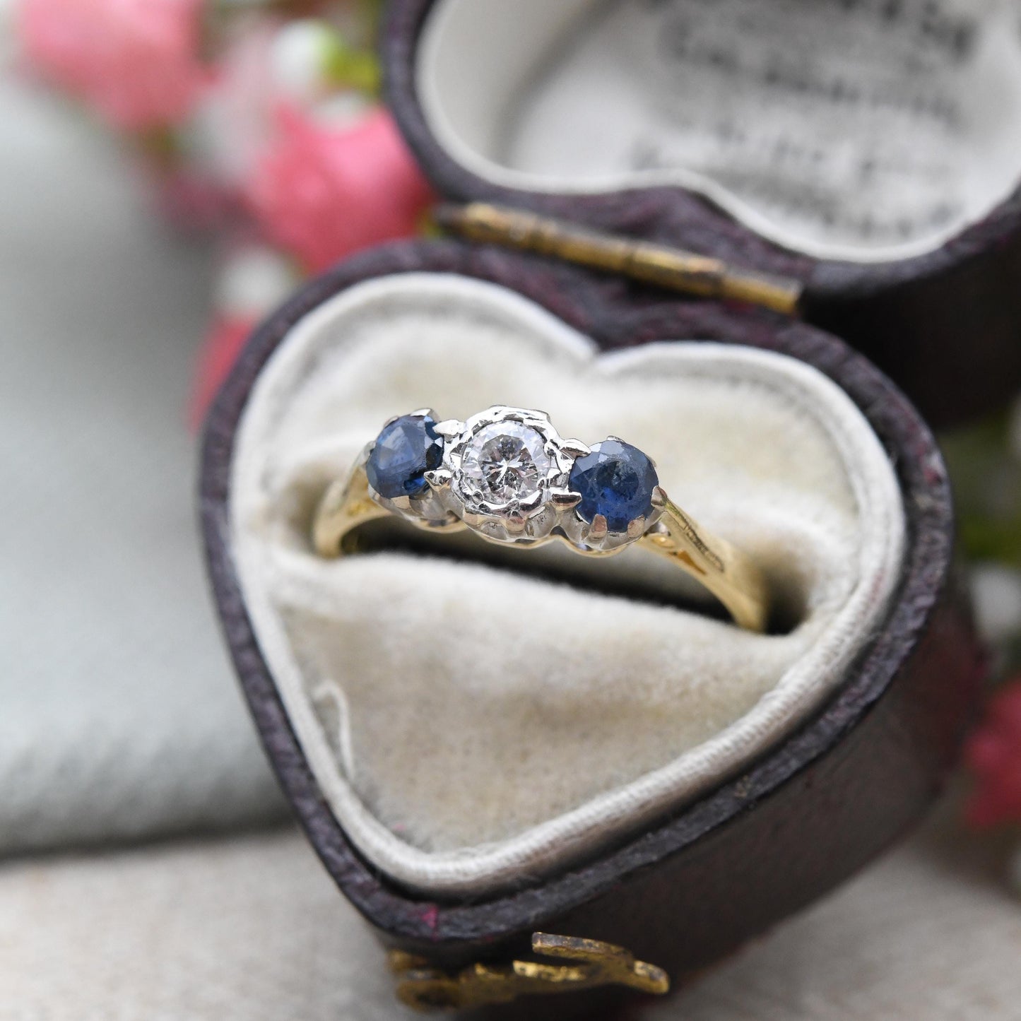 Vintage Diamond and Sapphire Three Stone Ring 18ct Gold and Platinum Trilogy - Blue Engagement Ring | UK Size - I | US Size - 4 1/4