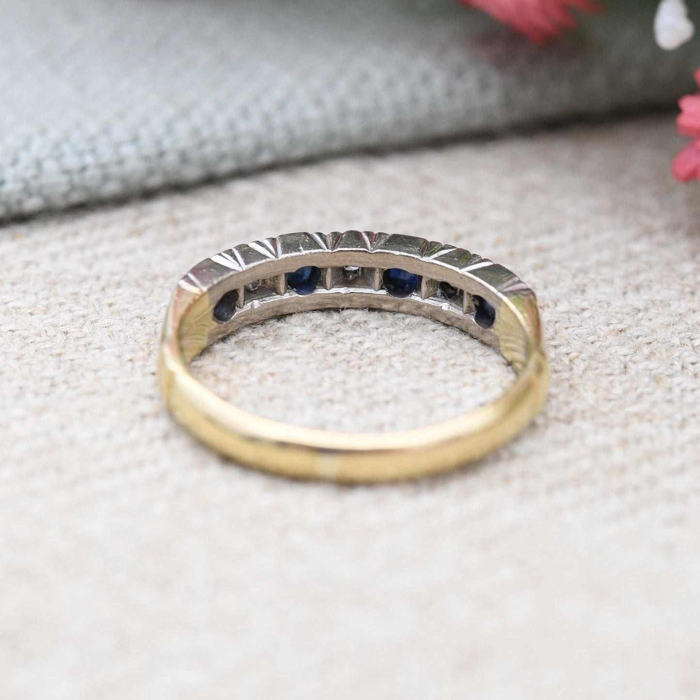 Vintage 18ct Gold Sapphire and Diamond Half Eternity Ring 1976 - Anniversary Jewellery Gift Small Stacker | UK Size - I 1/2 US Size - 4 1/2