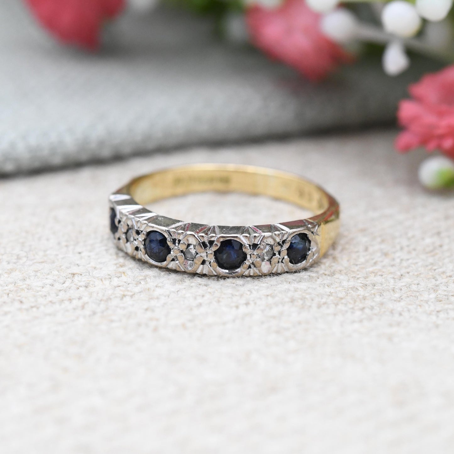 Vintage 18ct Gold Sapphire and Diamond Half Eternity Ring 1976 - Anniversary Jewellery Gift Small Stacker | UK Size - I 1/2 US Size - 4 1/2