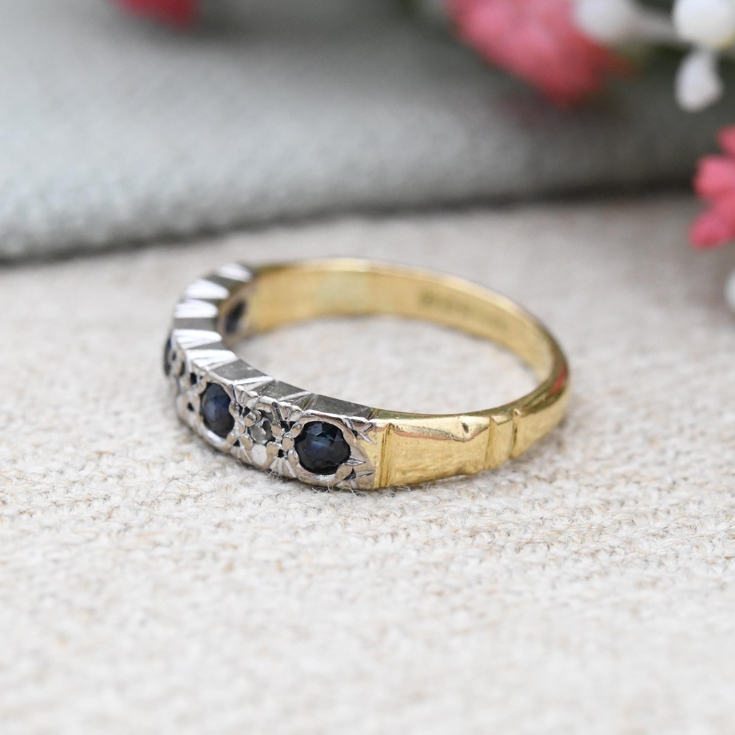 Vintage 18ct Gold Sapphire and Diamond Half Eternity Ring 1976 - Anniversary Jewellery Gift Small Stacker | UK Size - I 1/2 US Size - 4 1/2