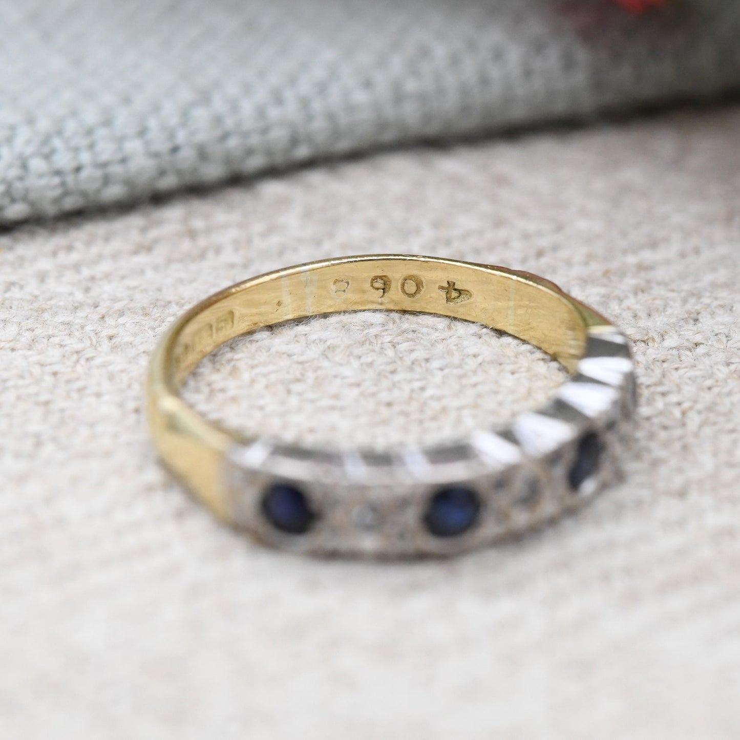 Vintage 18ct Gold Sapphire and Diamond Half Eternity Ring 1976 - Anniversary Jewellery Gift Small Stacker | UK Size - I 1/2 US Size - 4 1/2