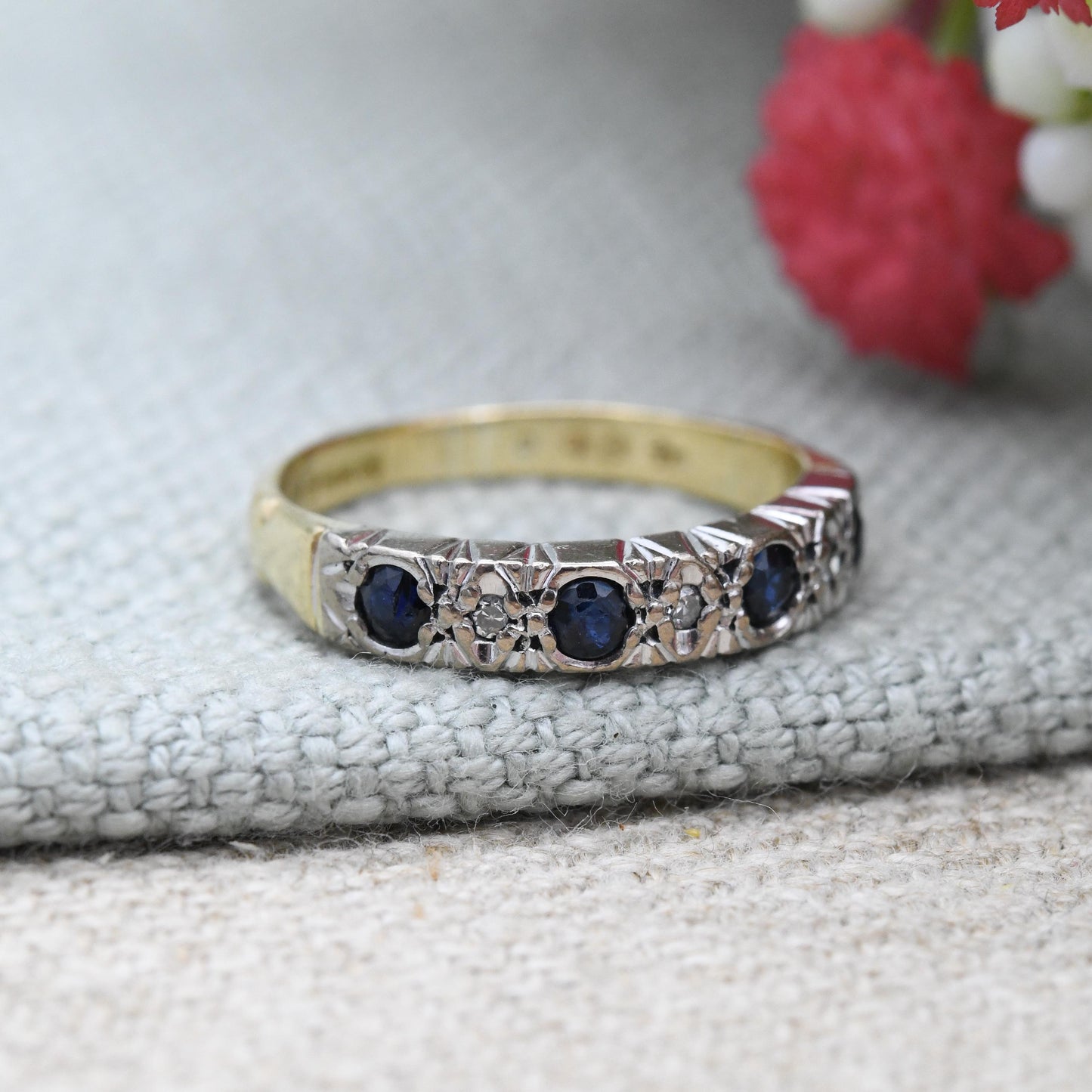 Vintage 18ct Gold Sapphire and Diamond Half Eternity Ring 1976 - Anniversary Jewellery Gift Small Stacker | UK Size - I 1/2 US Size - 4 1/2