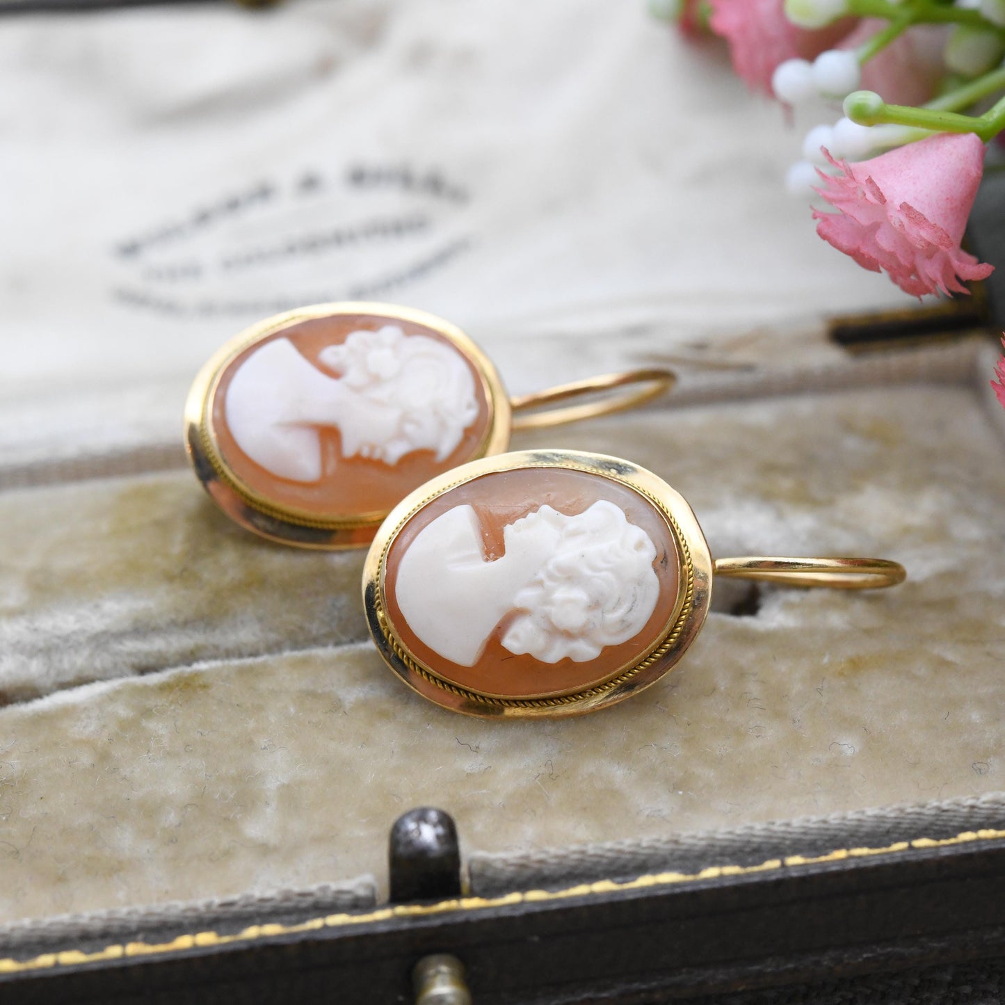 Vintage Italian 18ct Gold Cameo Earrings - Hand Carved Shell Portrait Woman's Profile Bust | Lever Back Hook Closure | 750 Italy Hallmarks