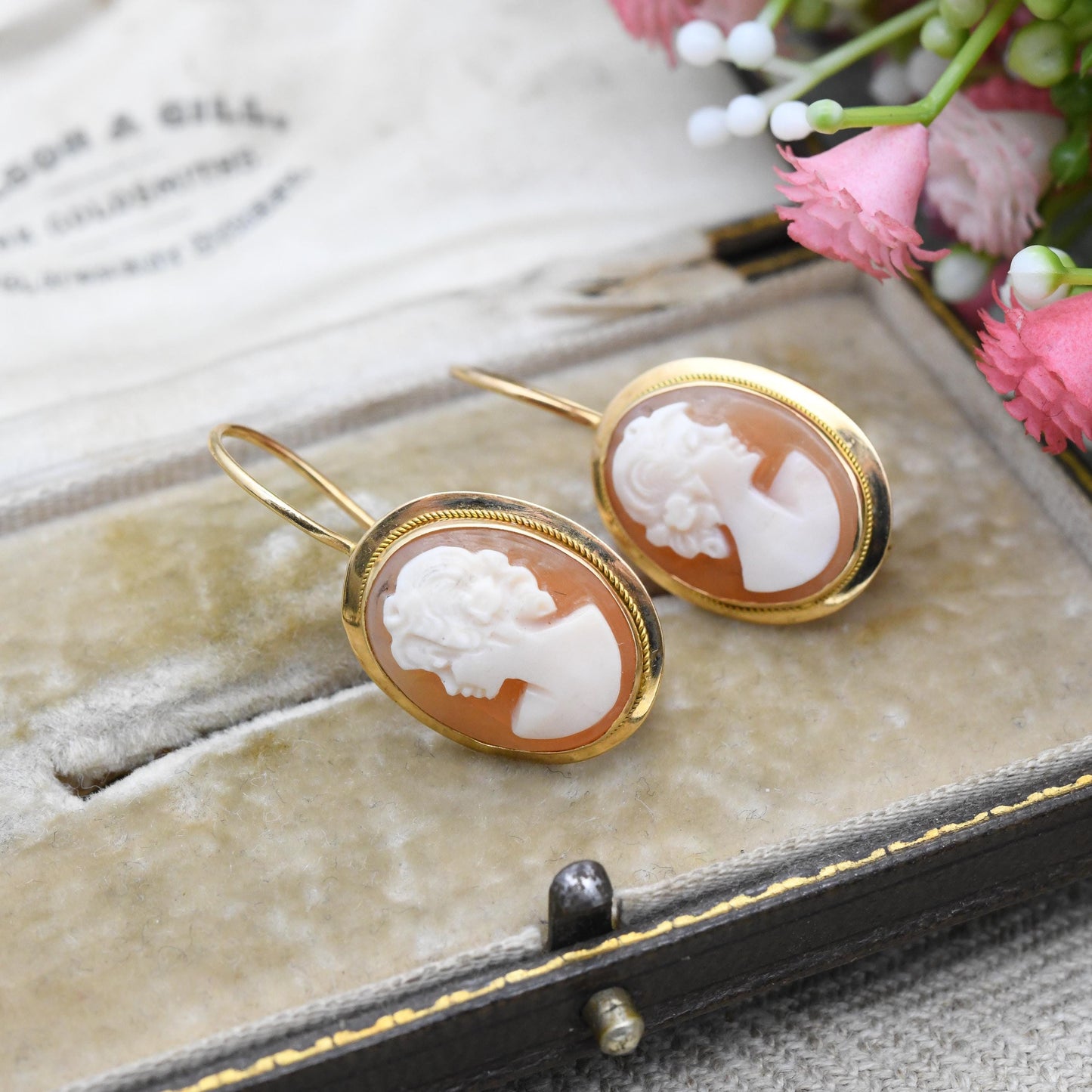 Vintage Italian 18ct Gold Cameo Earrings - Hand Carved Shell Portrait Woman's Profile Bust | Lever Back Hook Closure | 750 Italy Hallmarks