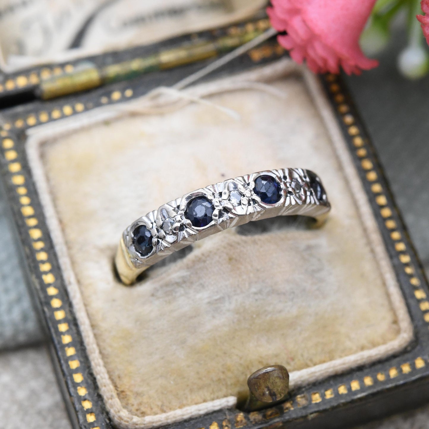 Vintage 18ct Gold Sapphire and Diamond Half Eternity Ring 1976 - Anniversary Jewellery Gift Small Stacker | UK Size - I 1/2 US Size - 4 1/2