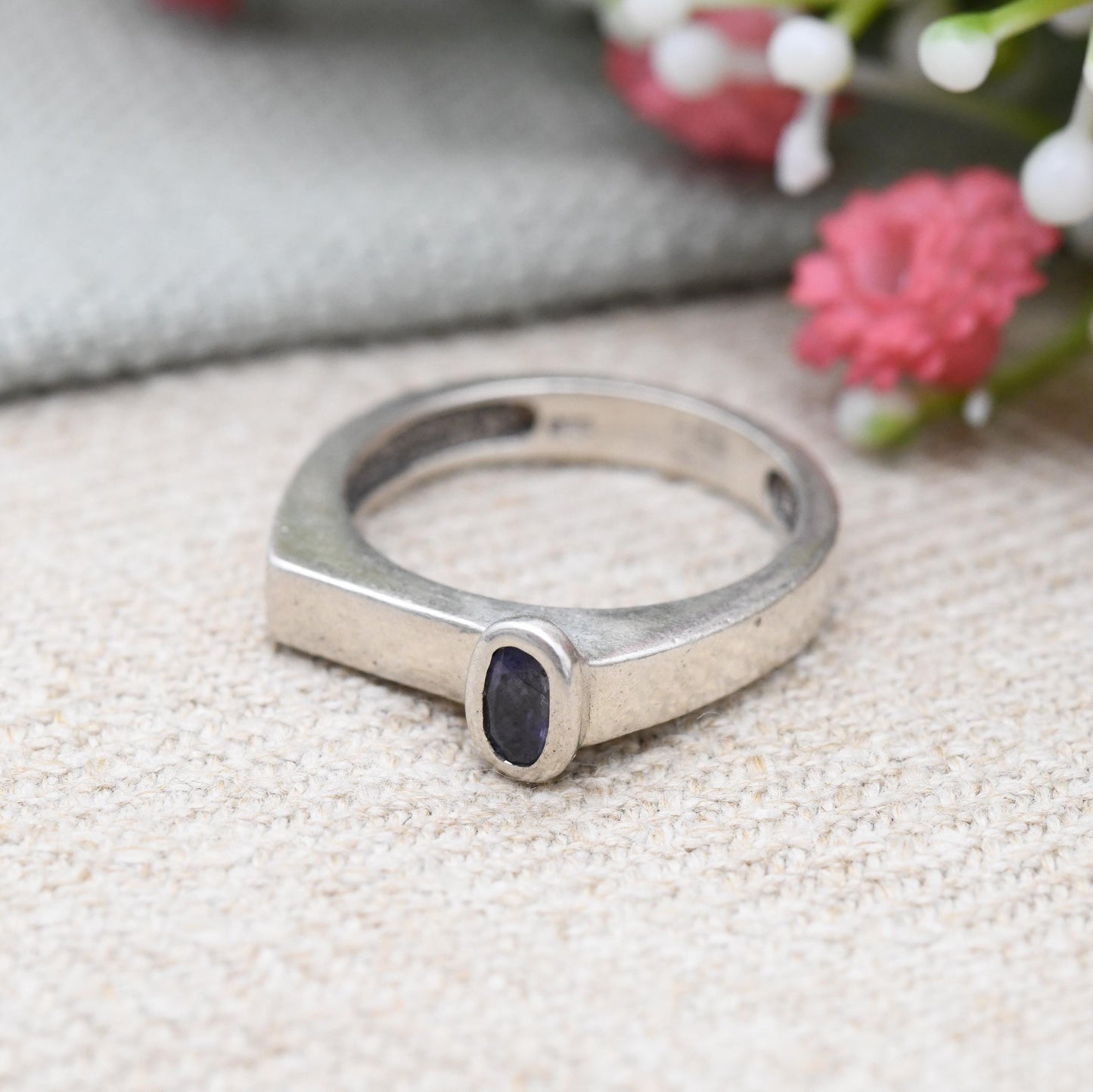 Sterling Silver Off-Centre Gemstone Ring - Square Shape Minimal Jewellery | Faceted Purple Stone Solitaire | UK Size - N 1/2 | US Size - 7