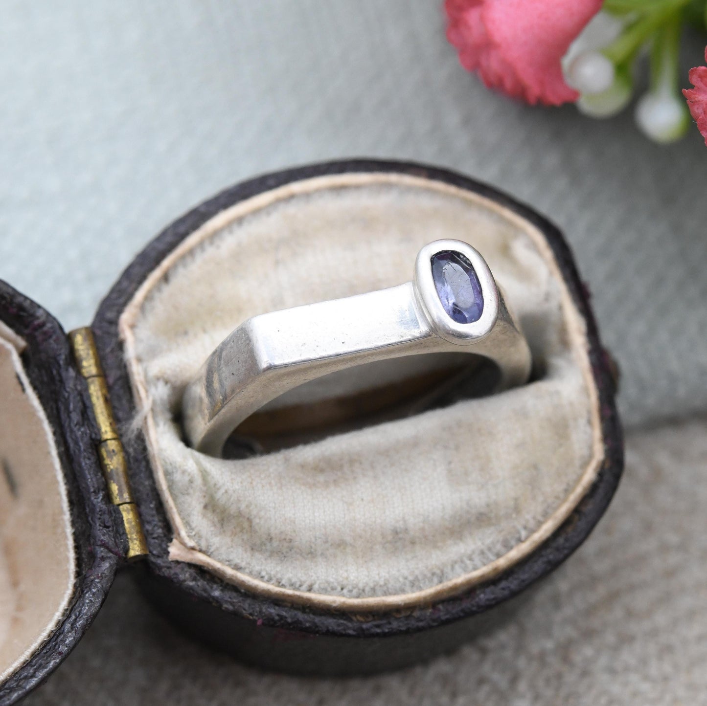 Sterling Silver Off-Centre Gemstone Ring - Square Shape Minimal Jewellery | Faceted Purple Stone Solitaire | UK Size - N 1/2 | US Size - 7