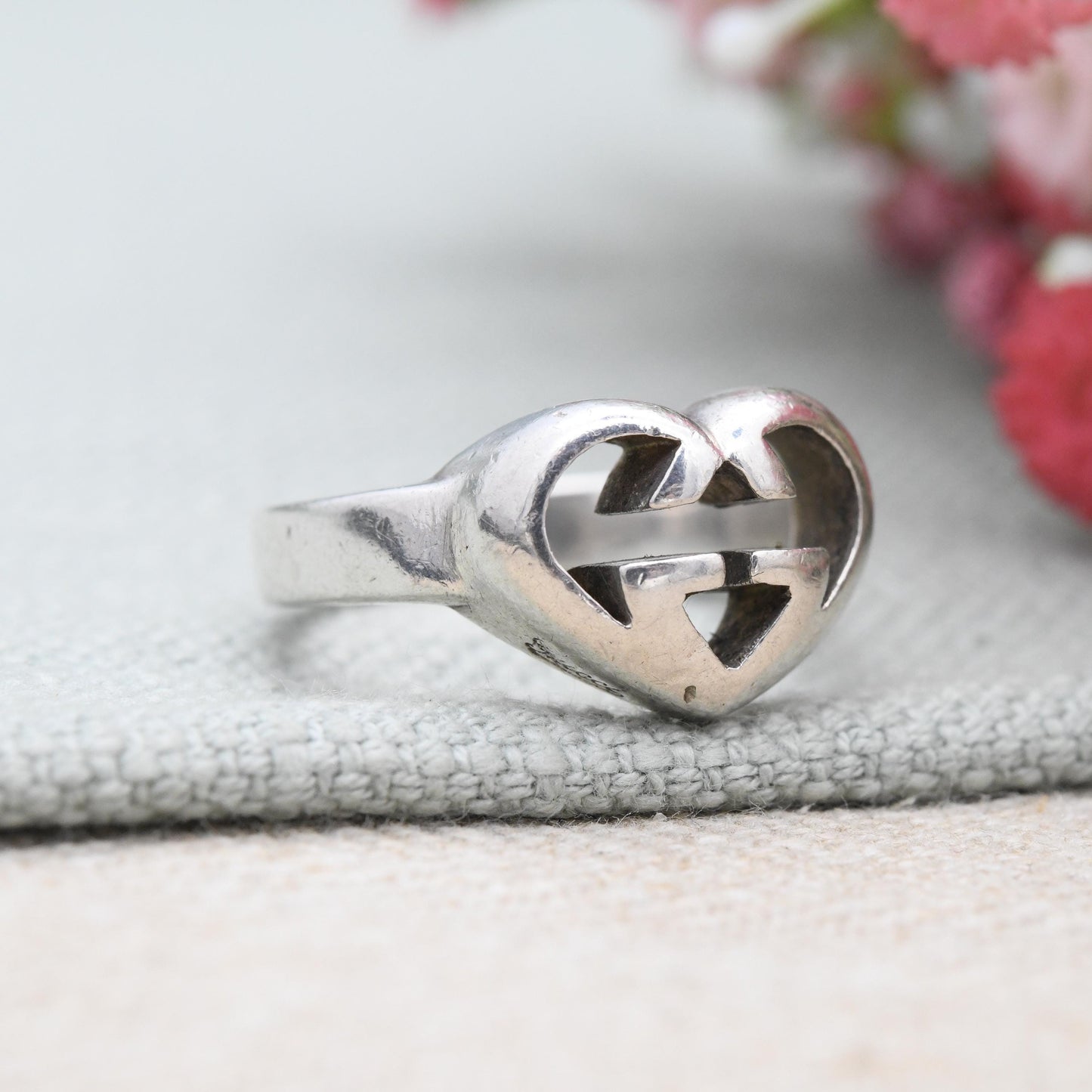 Gucci Love Heart Interlocking G Ring Sterling Silver - Signed Designer Chunky Heart Signet Ring Running Ring | UK Size - T | US Size - 9 1/2