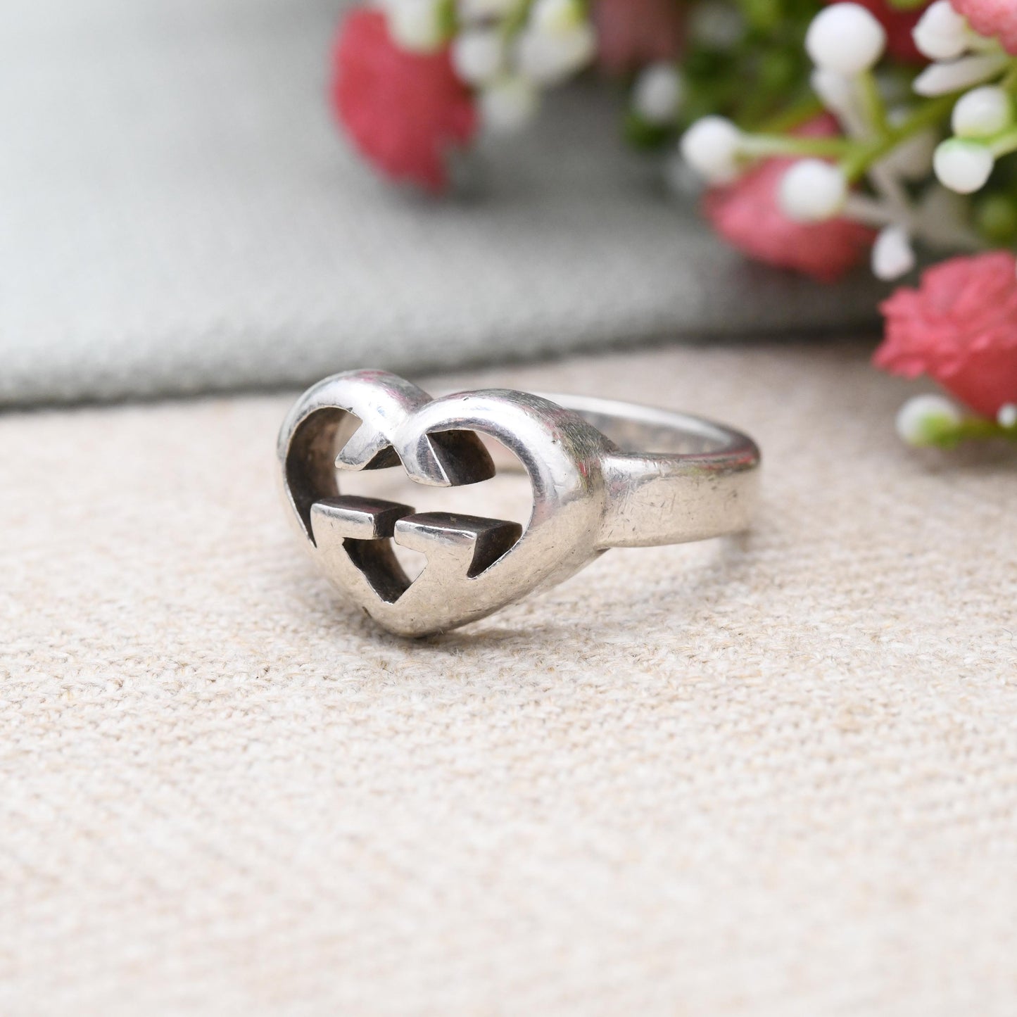 Gucci Love Heart Interlocking G Ring Sterling Silver - Signed Designer Chunky Heart Signet Ring Running Ring | UK Size - T | US Size - 9 1/2