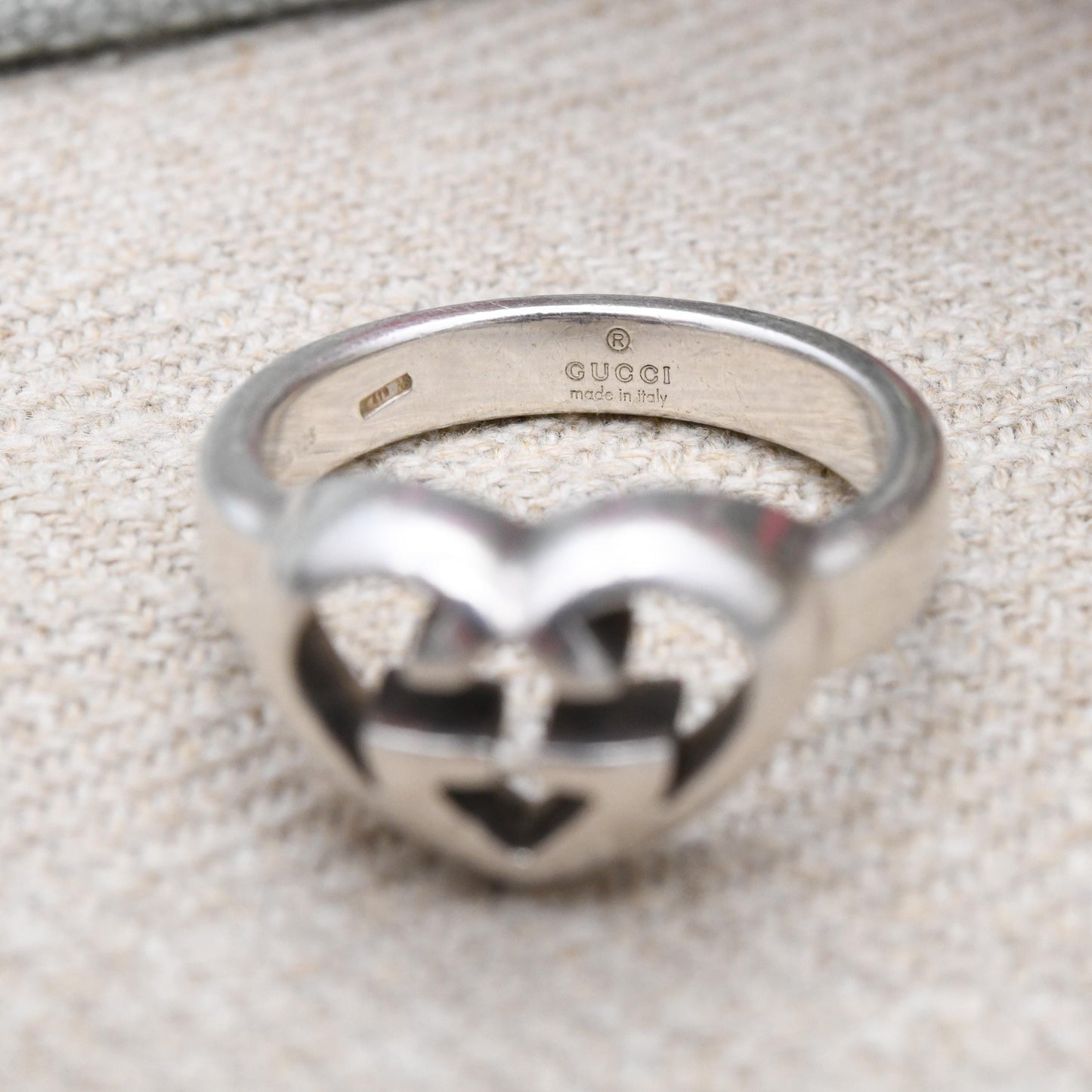 Gucci Love Heart Interlocking G Ring Sterling Silver - Signed Designer Chunky Heart Signet Ring Running Ring | UK Size - T | US Size - 9 1/2
