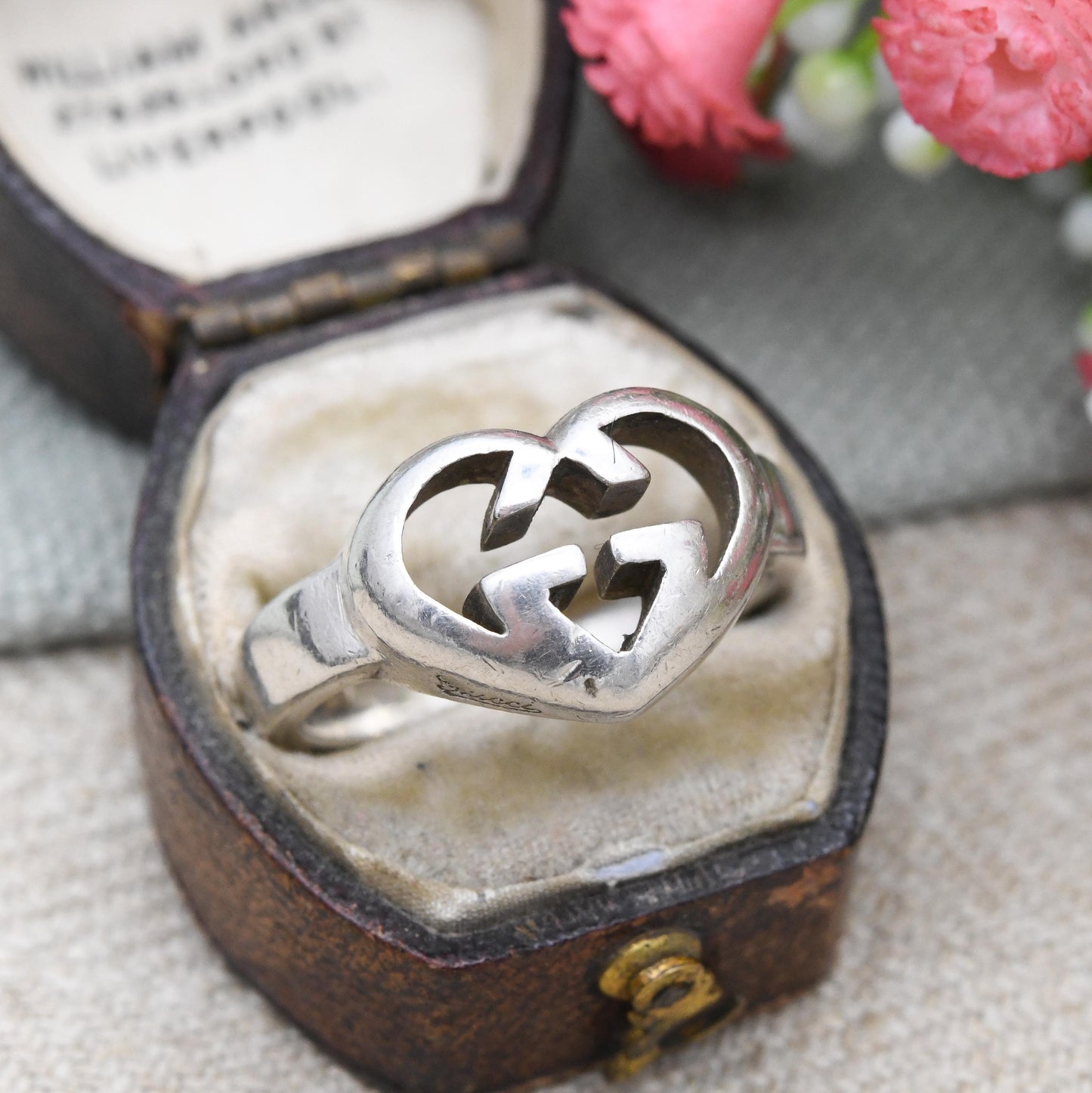 Gucci Love Heart Interlocking G Ring Sterling Silver - Signed Designer Chunky Heart Signet Ring Running Ring | UK Size - T | US Size - 9 1/2